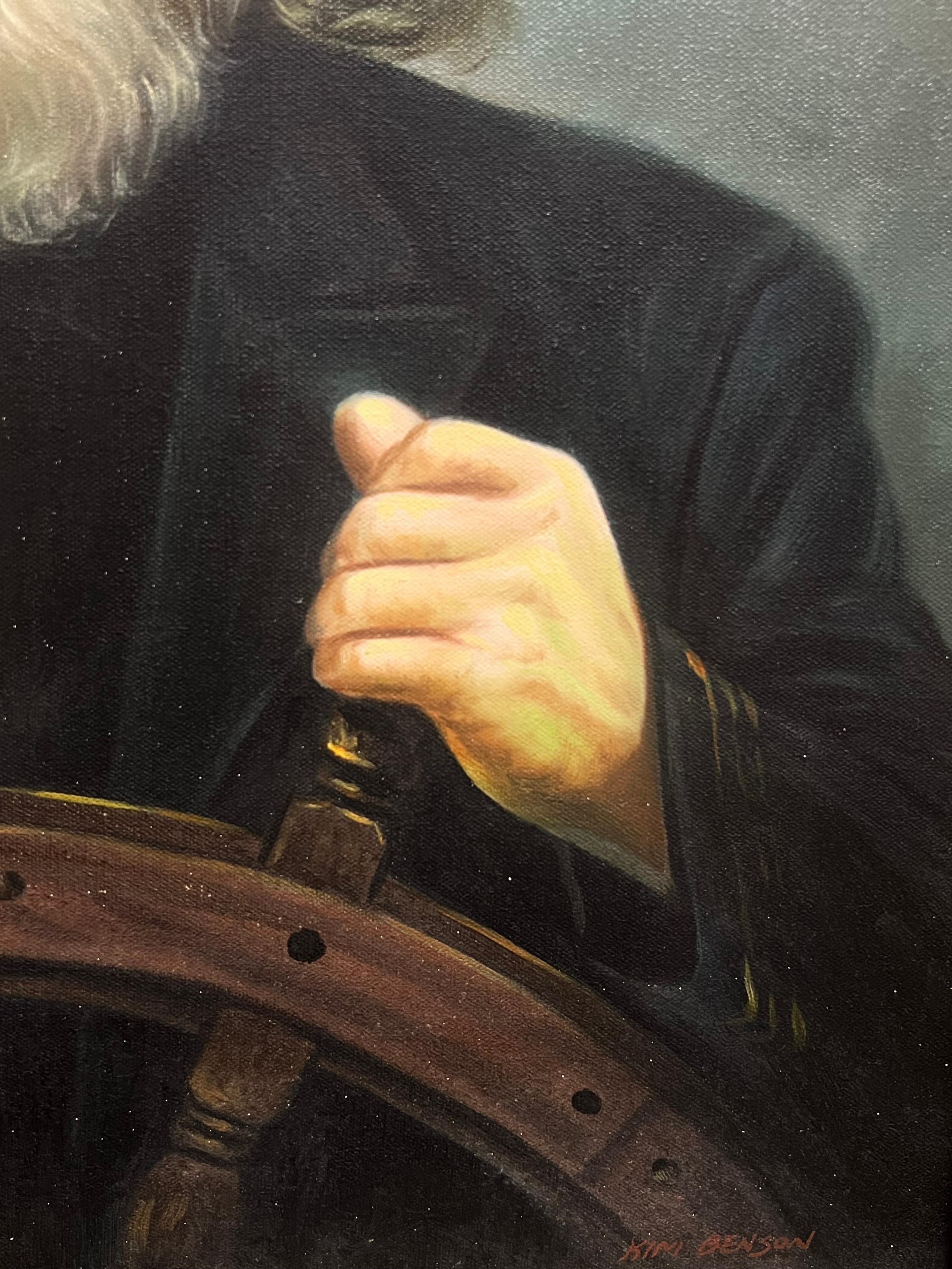 Al timone
Ritratto di un marinaio
di A. Kim Benson (americano, nato nel 1924)
olio su tela firmato, incorniciato
Incorniciato: 30 x 26 pollici
Tela: 24 x 20 pollici
Provenienza: collezione privata, Regno Unito
Condizioni: ottime condizioni