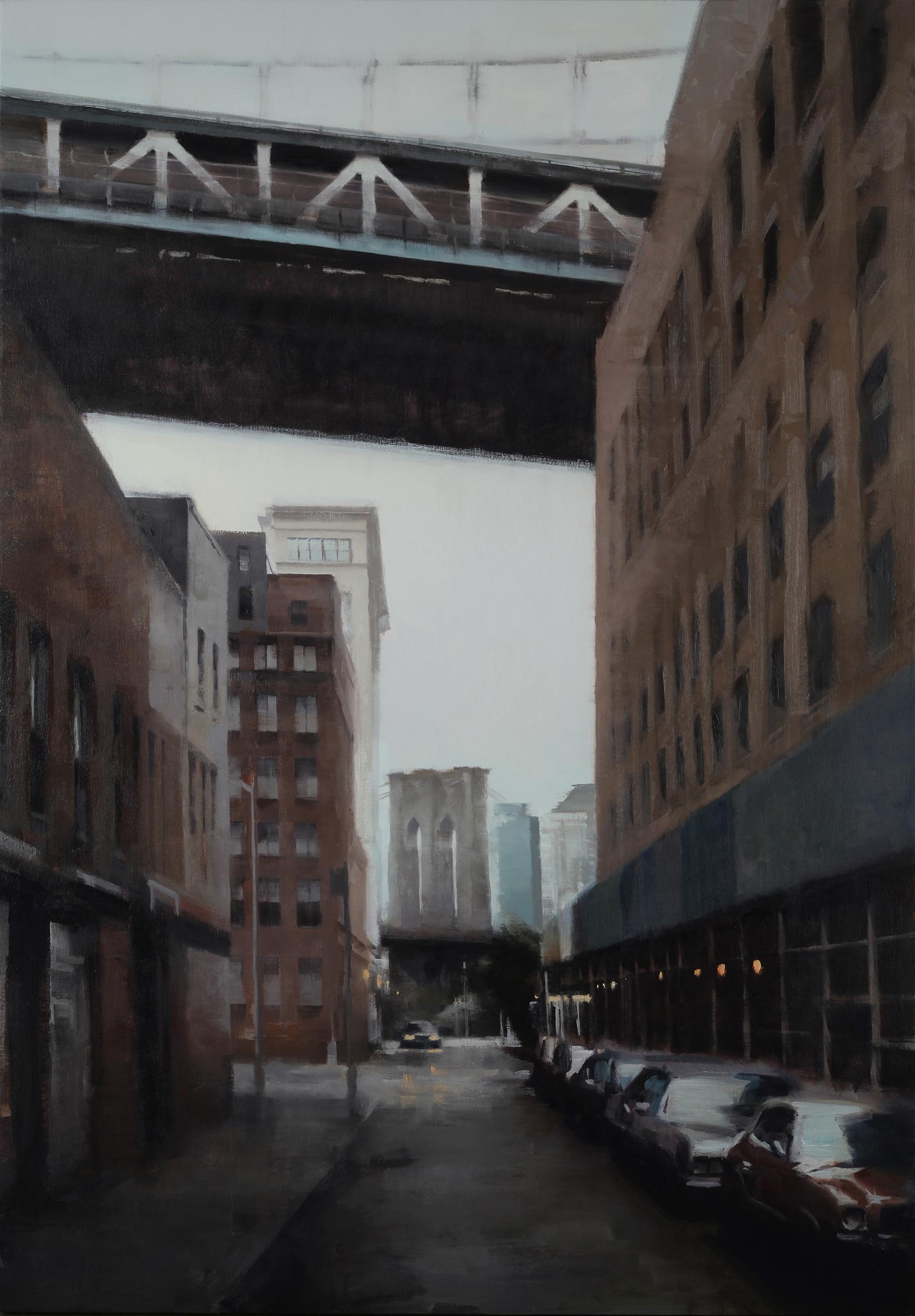 DUMBO AT DUSK, nyc skyline, brooklyn bridge, hyper-realism, muted colors - Painting by Kim Cogan