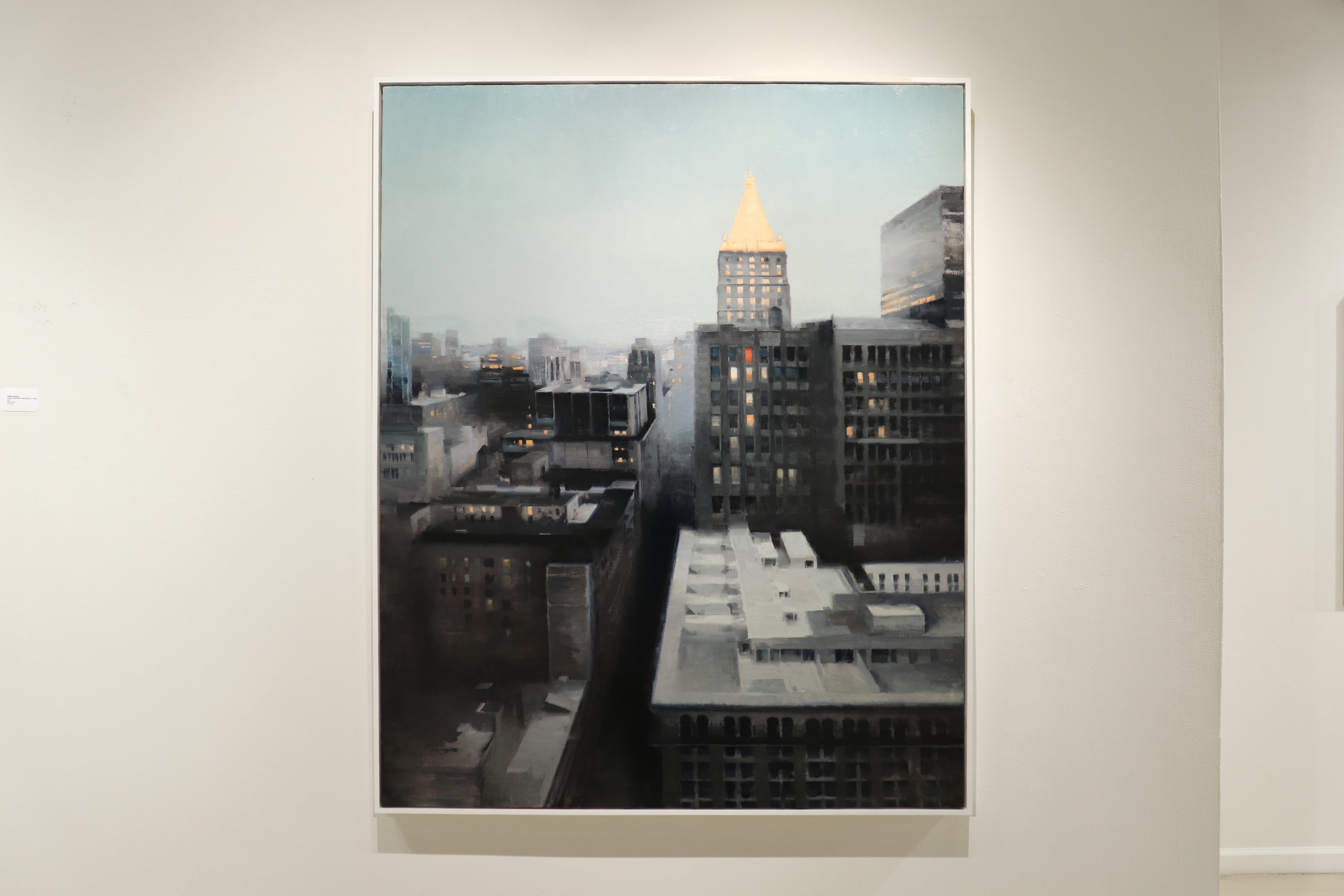 DUSK, New York City Skyline, Landscape, Hyper-Realist, Rooftop View, Grey Sky - Painting by Kim Cogan