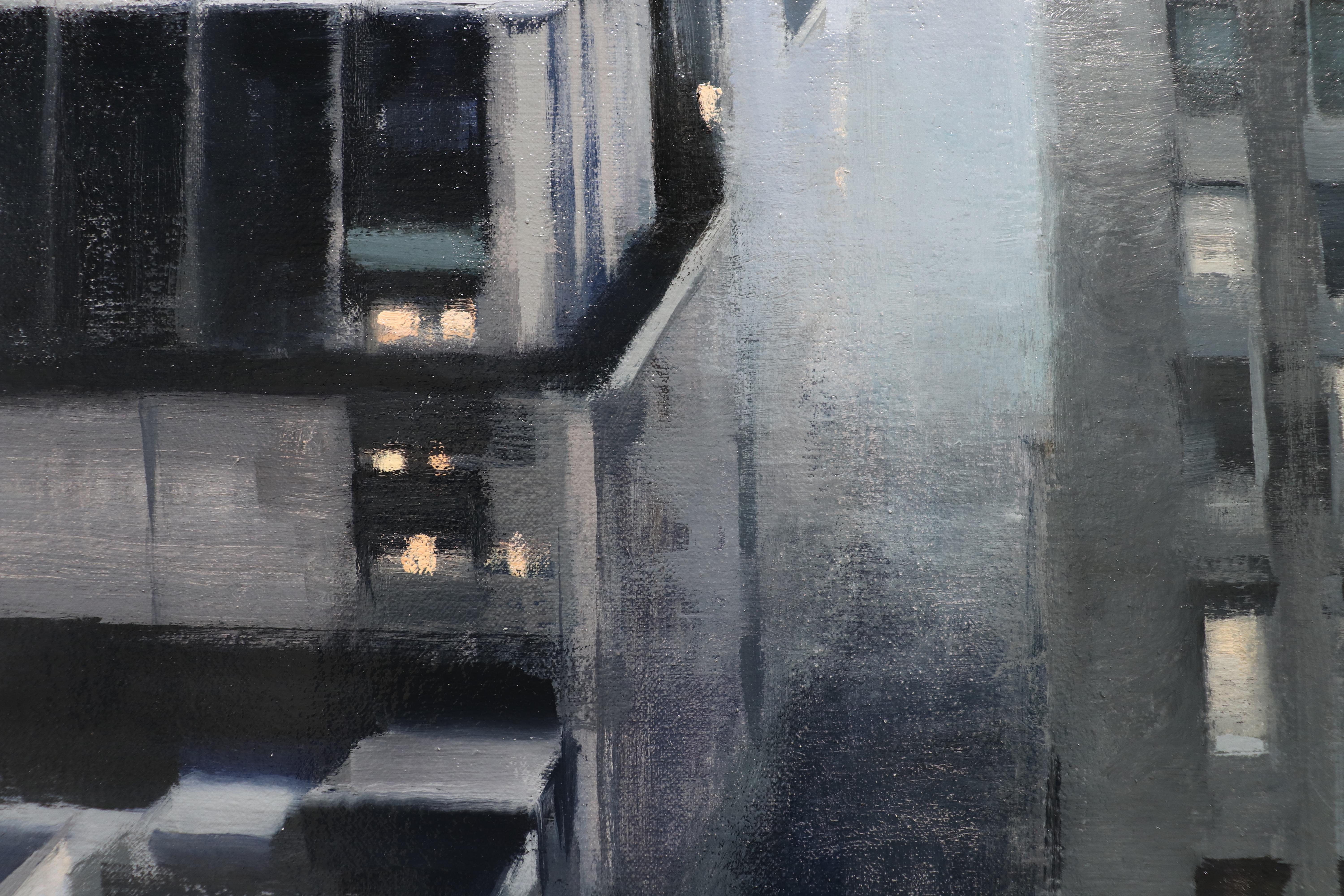 DUSK, New York City Skyline, Landscape, Hyper-Realist, Rooftop View, Grey Sky - Contemporary Painting by Kim Cogan