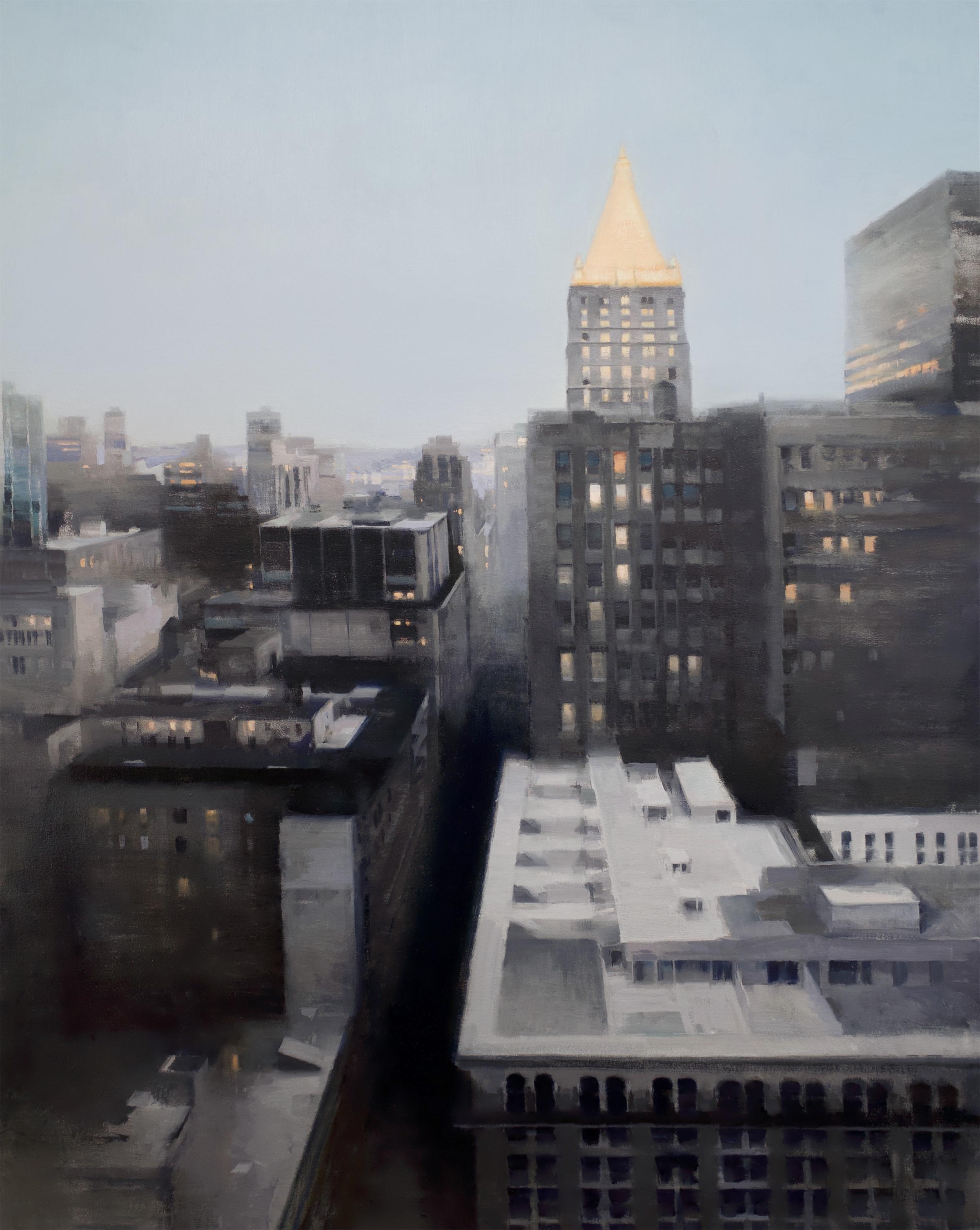 Kim Cogan Landscape Painting - DUSK, New York City Skyline, Landscape, Hyper-Realist, Rooftop View, Grey Sky