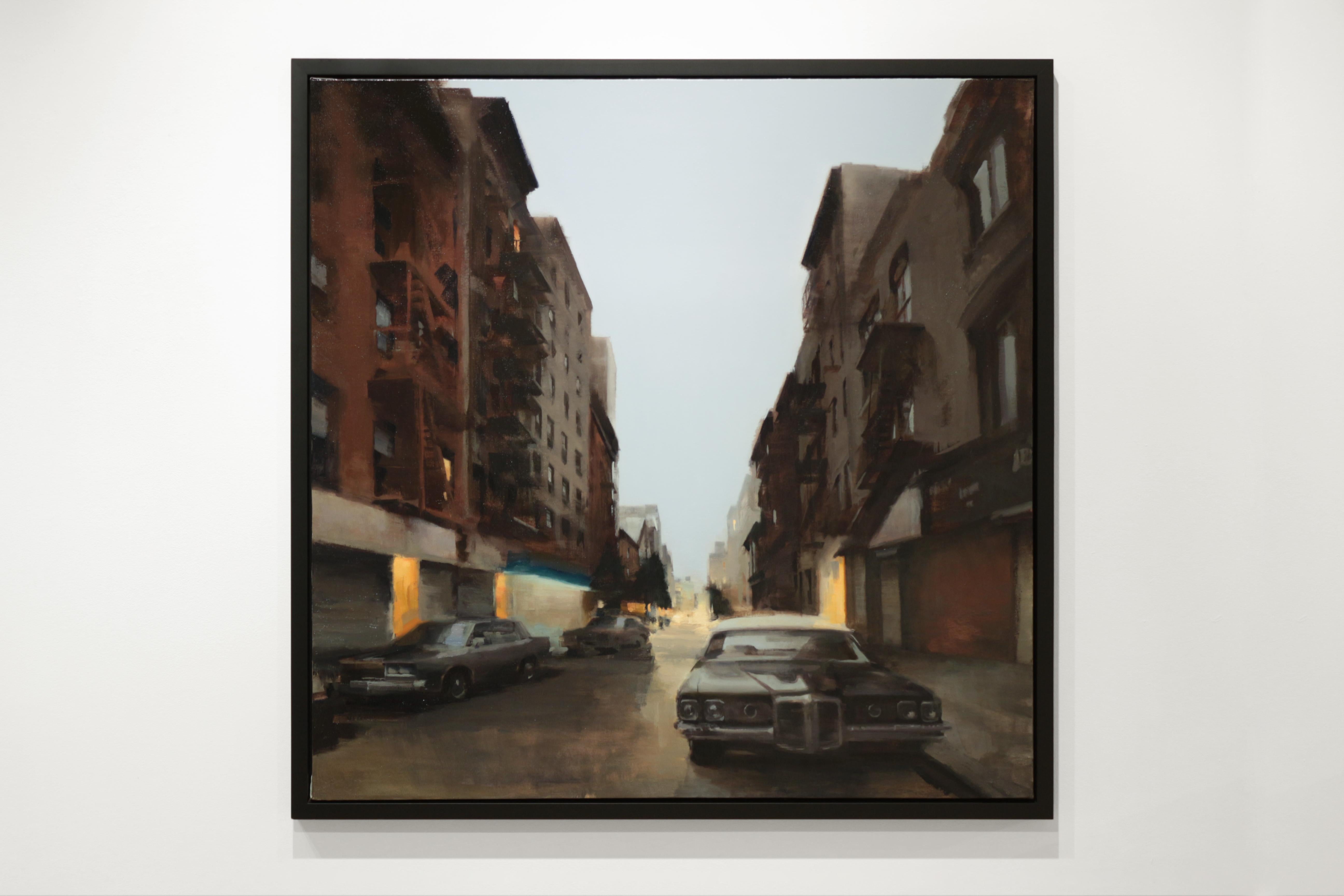 LES, New York City, Urban Landscape, Buildings, Cars, Night - Painting by Kim Cogan
