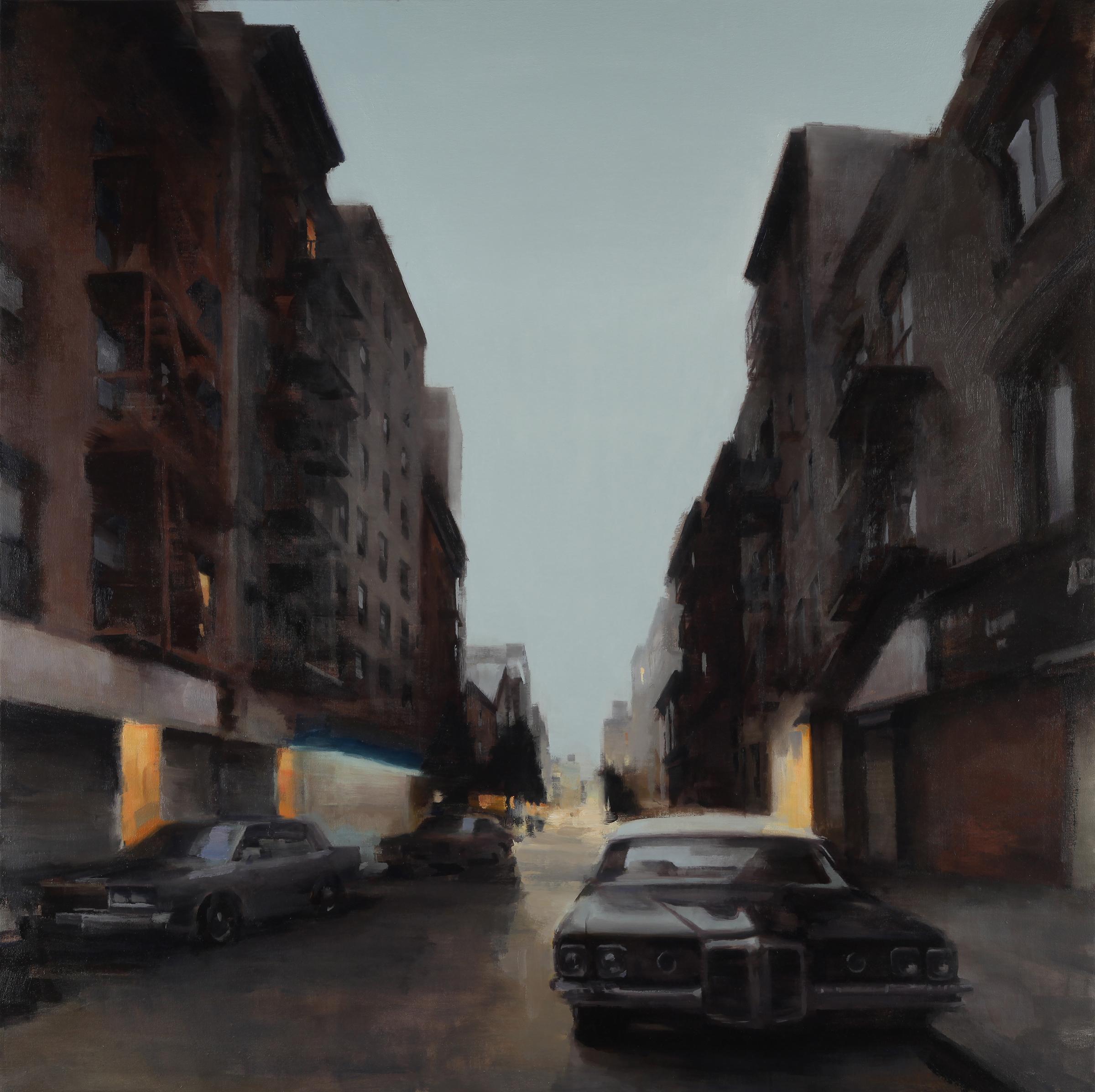 Kim Cogan Landscape Painting - LES, New York City, Urban Landscape, Buildings, Cars, Night