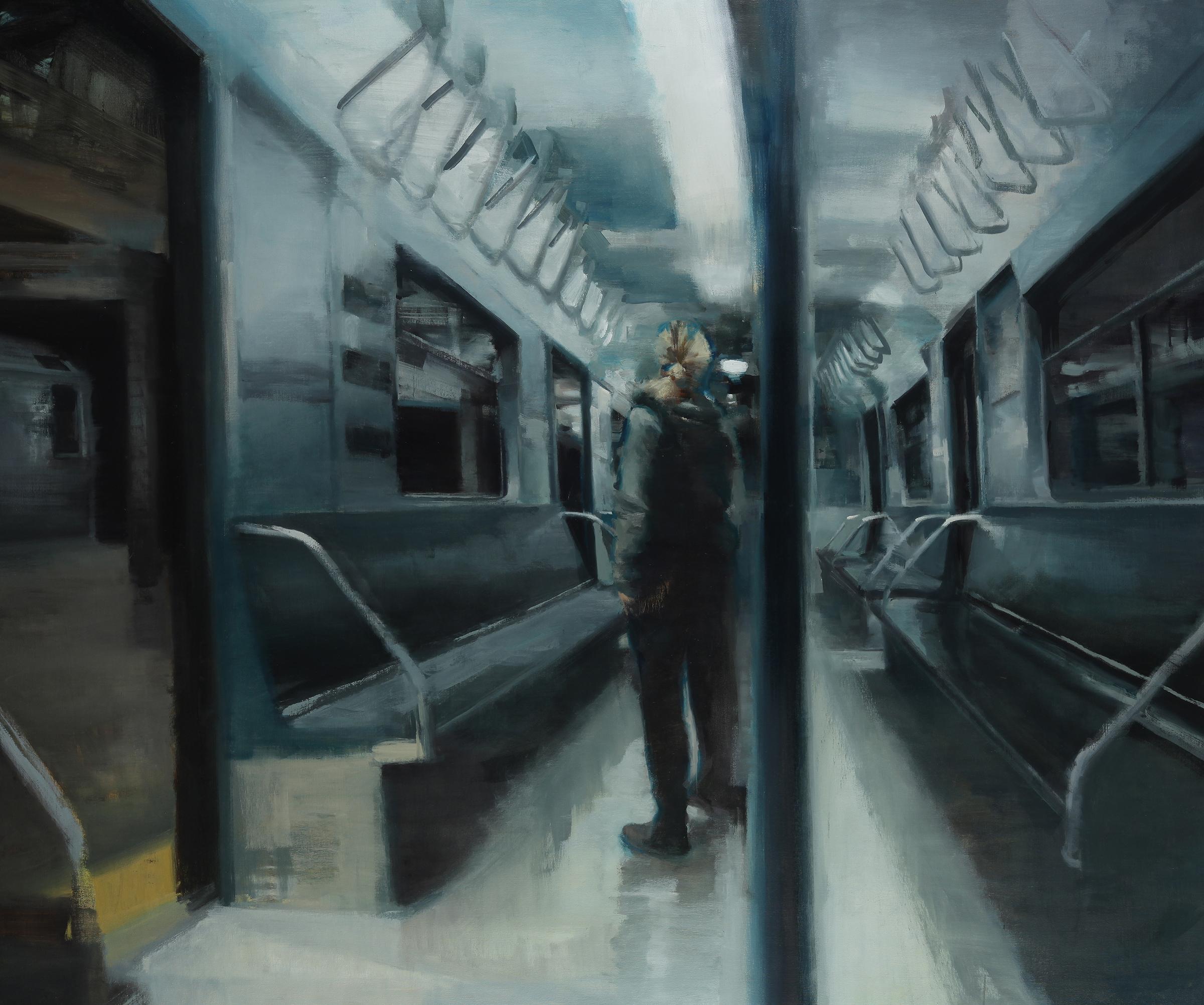 PASSENGER, person standing on subway, bright lights, grey, white, realism - Painting by Kim Cogan