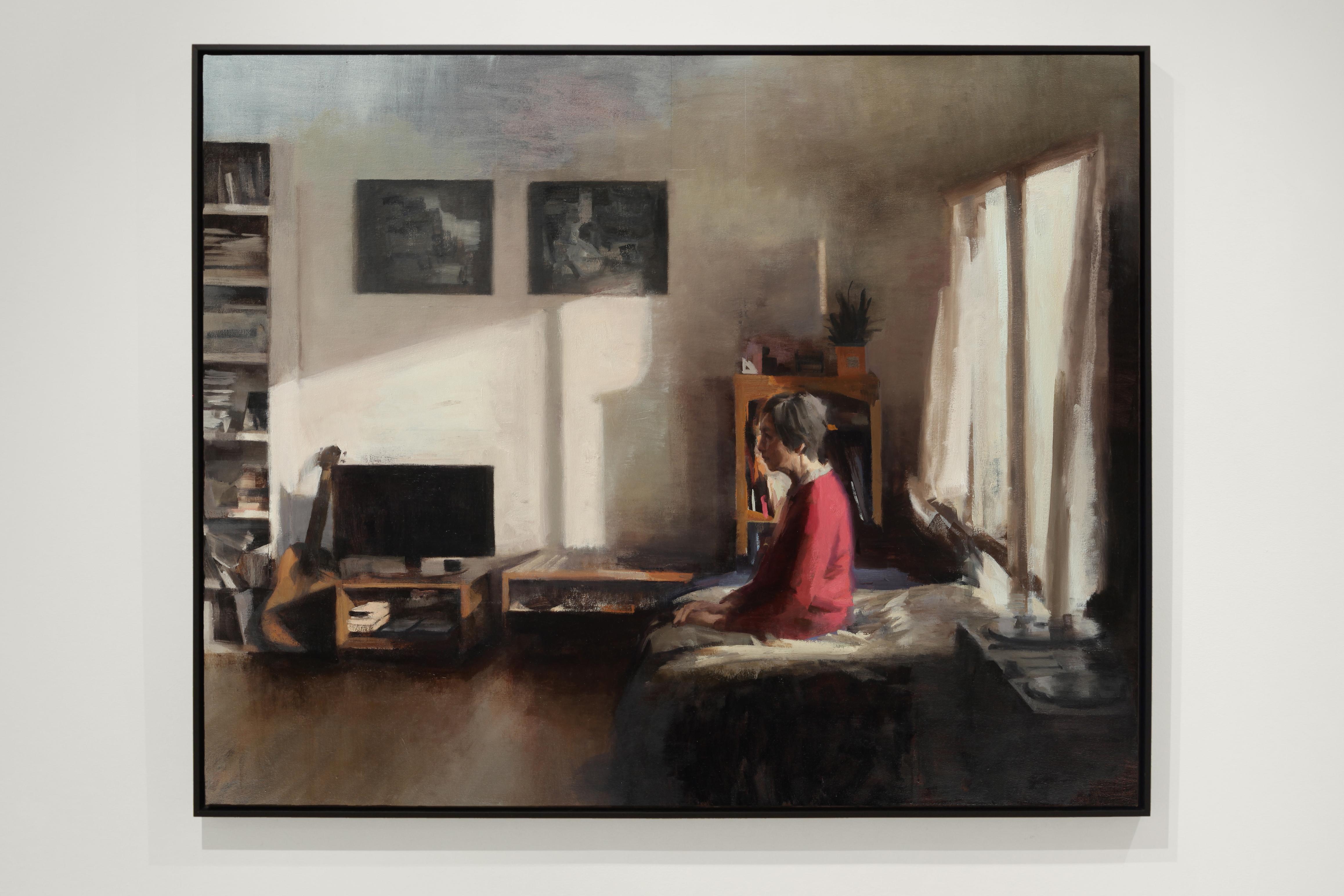 WISH YOU WERE HERE, woman in room, hyper-realistic, somber, room in daylight - Painting by Kim Cogan