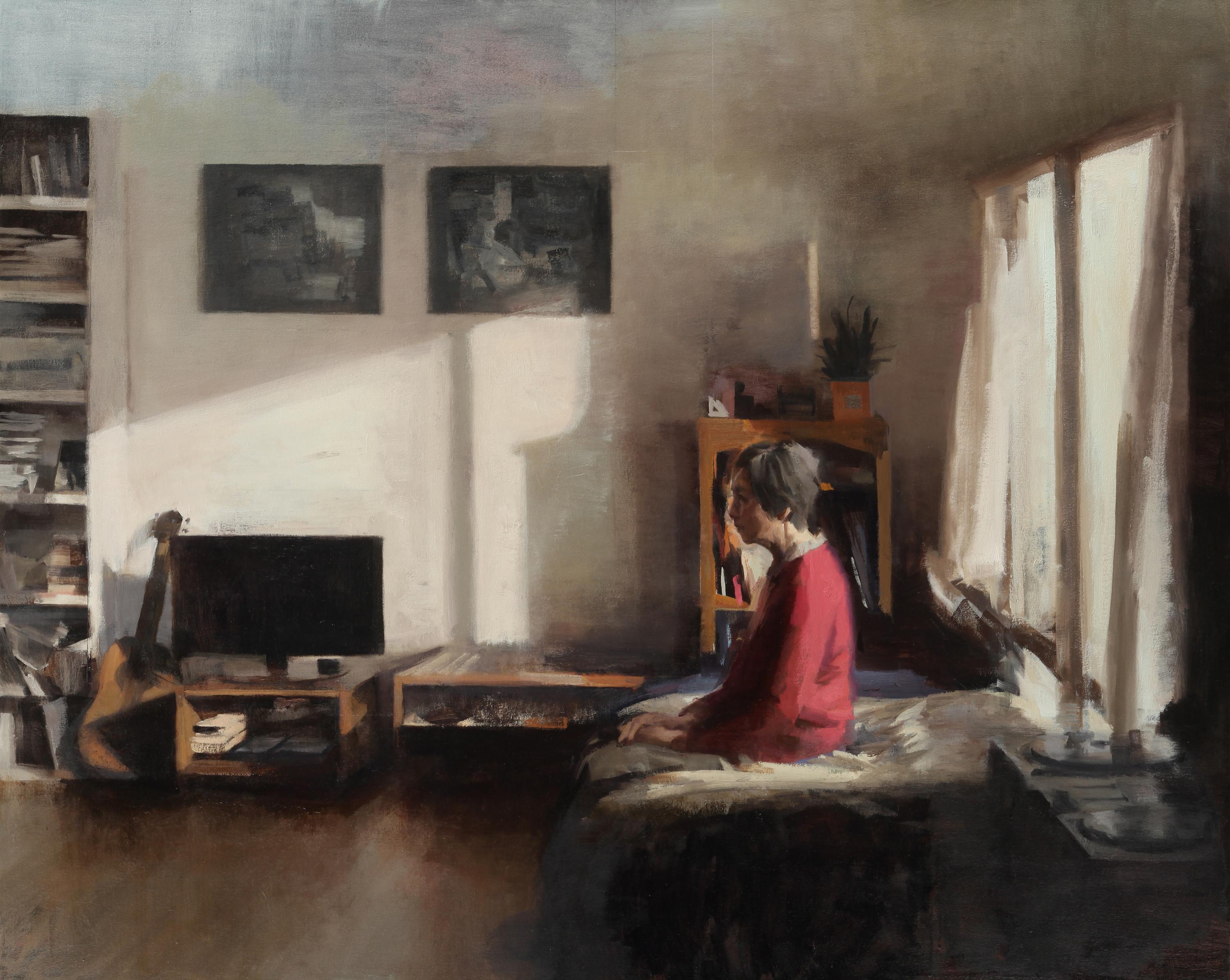 Kim Cogan Interior Painting - WISH YOU WERE HERE, woman in room, hyper-realistic, somber, room in daylight