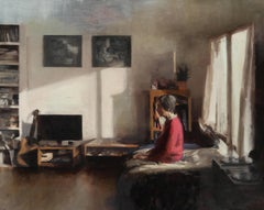 WISH YOU WERE HERE, woman in room, hyper-realistic, somber, room in daylight
