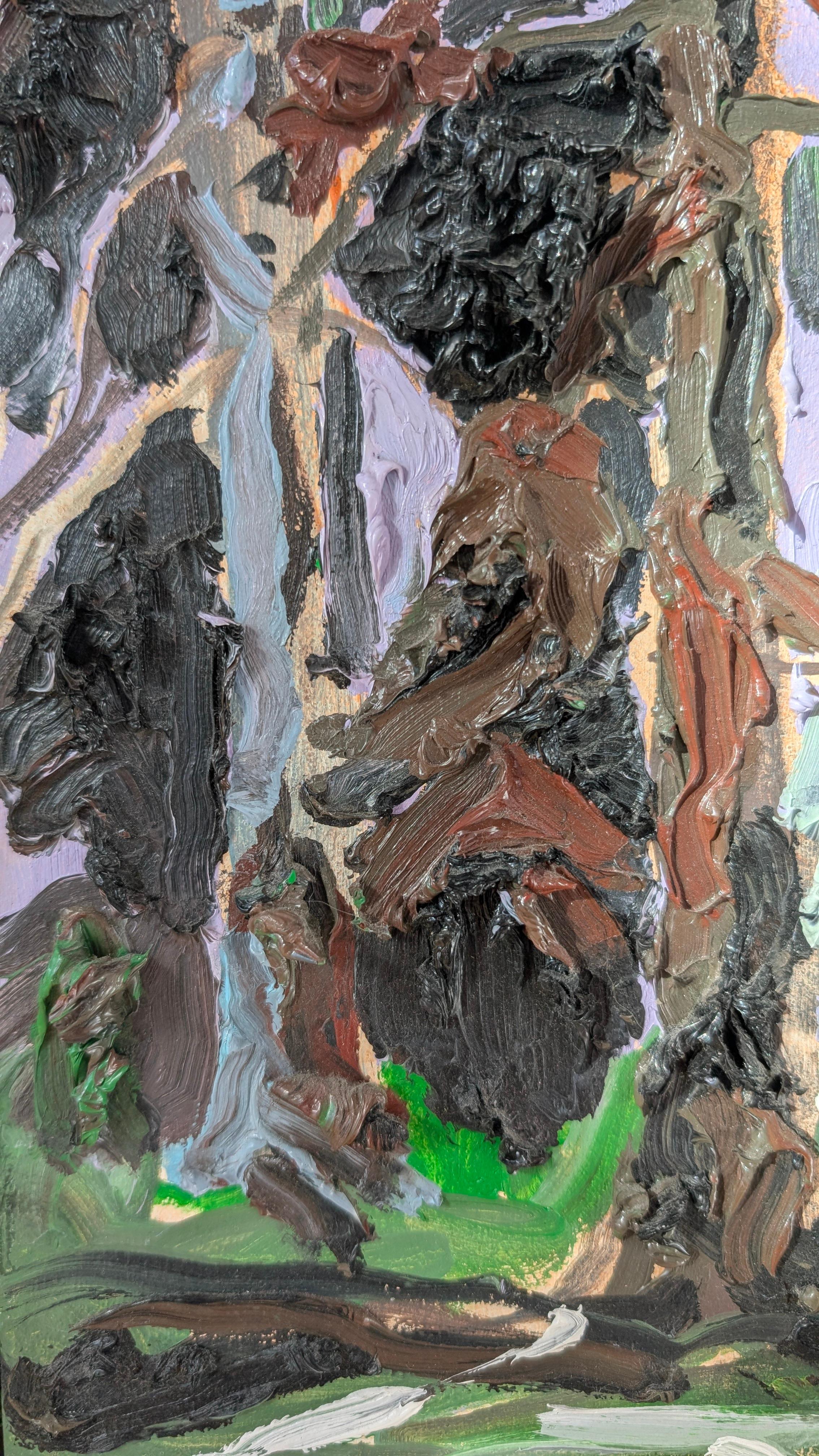 Il dipinto a olio di Kim Dorland, senza titolo, raffigurante il lago Emma, racchiude la cruda bellezza della natura selvaggia canadese.  La composizione si concentra su un'area densamente boscosa, probabilmente ai margini di una radura, dove la