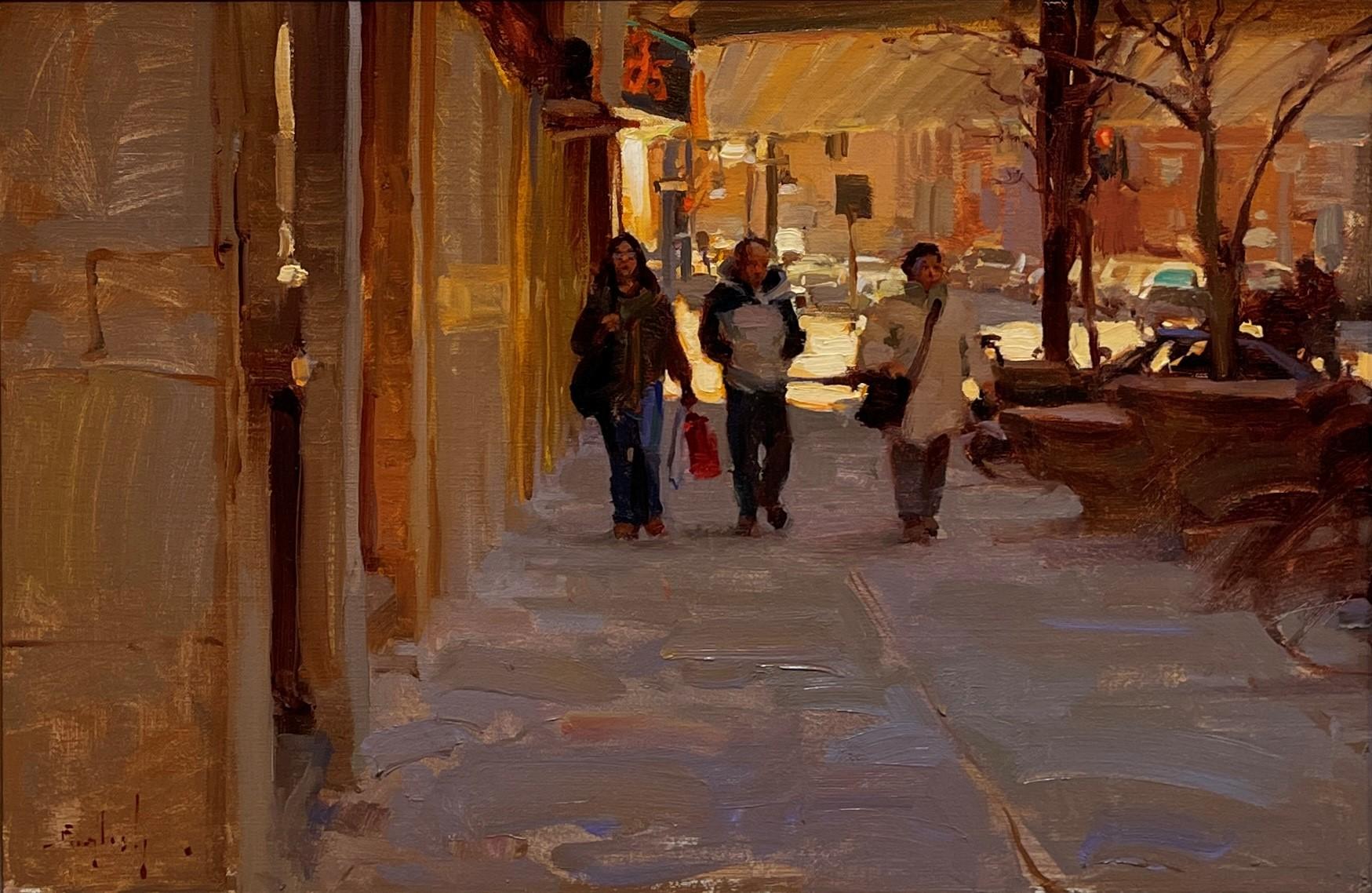 "Downtown Denver" - Paesaggio urbano autunnale impressionista, pittura a olio su tavola