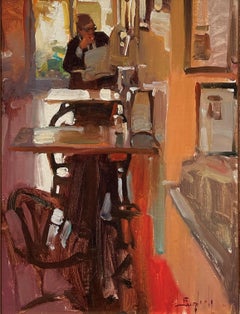 "Fast Food Lunch" - Impressionist City Interior Scene, Oil Painting on Board