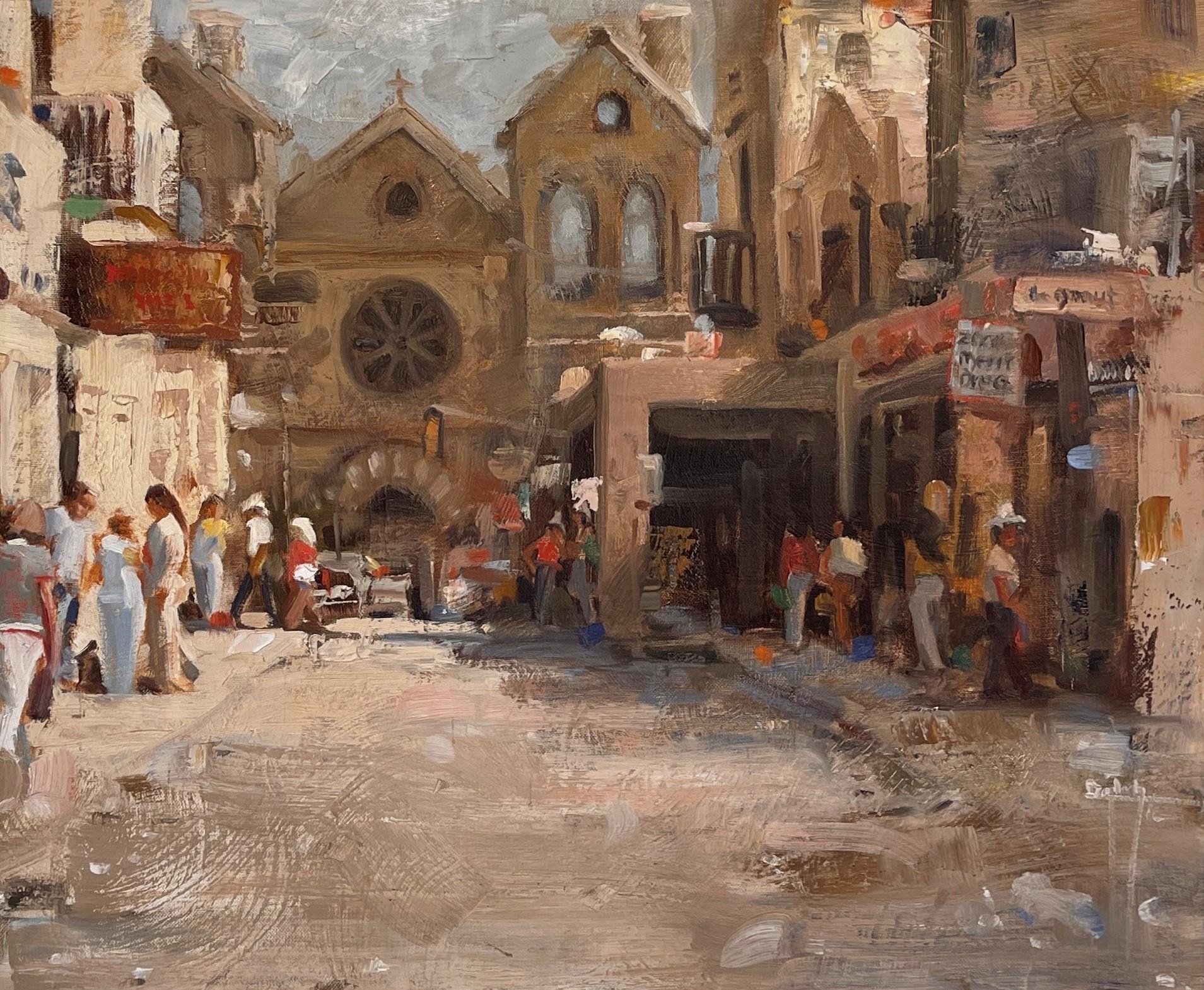 Sin título", de Kim English, es un óleo original pintado a mano que representa un paisaje urbano de una bulliciosa calle de la ciudad repleta de compradores y transeúntes. 
