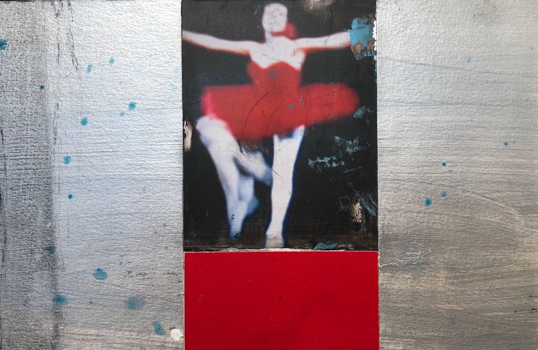 BAllet dancer in red featured in 'Double-Ticket Silverscreen' from multidisciplinary visual artist Kim Frohsin, who created the series, 'Dancers and Athletes', from a variety of media—acrylic paint, glazes, ink, collage, pencils, and dry