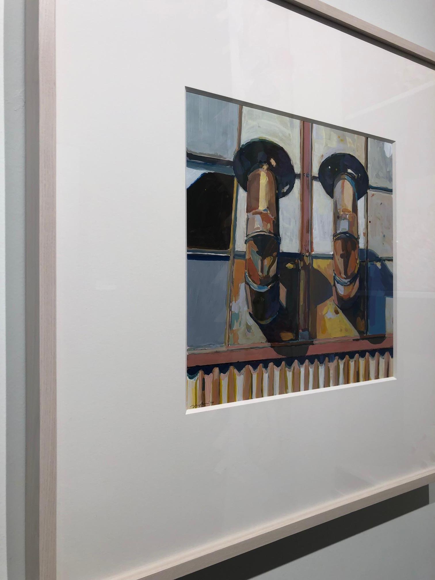 Una maravillosa técnica mixta: pintura acrílica que muestra dos respiraderos que existían en un edificio histórico del Muelle 70 de San Francisco. Las rejillas de ventilación han desaparecido, ya que los edificios antiguos están sufriendo cambios