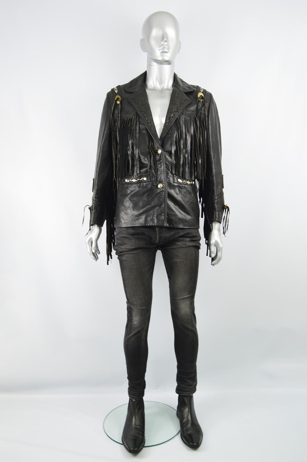 Kim Hadleigh Designs Vintage Men's Fringed Studded Black Leather Jacket, 1980s

Size: Marked vintage L but fits more like a modern Small to Medium. Please check measurements. 
Chest - 40” / 101cm
Waist - 36” / 91cm
Length (Shoulder to Hem) - 26” /