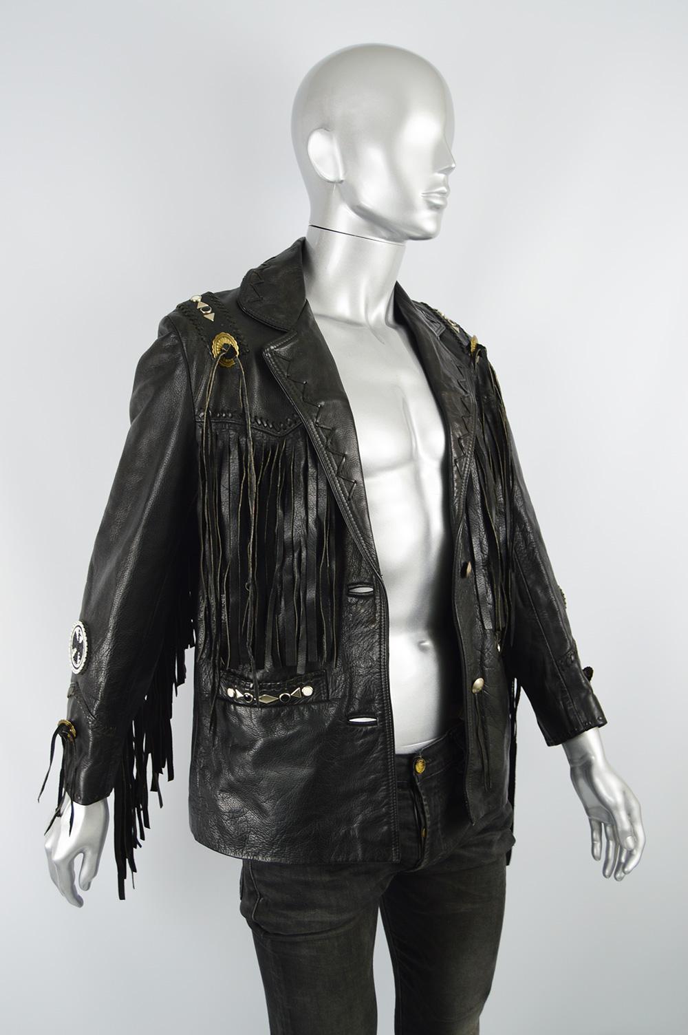 Kim Hadleigh Designs Vintage Men's Fringed Studded Black Leather Jacket, 1980s In Good Condition In Doncaster, South Yorkshire