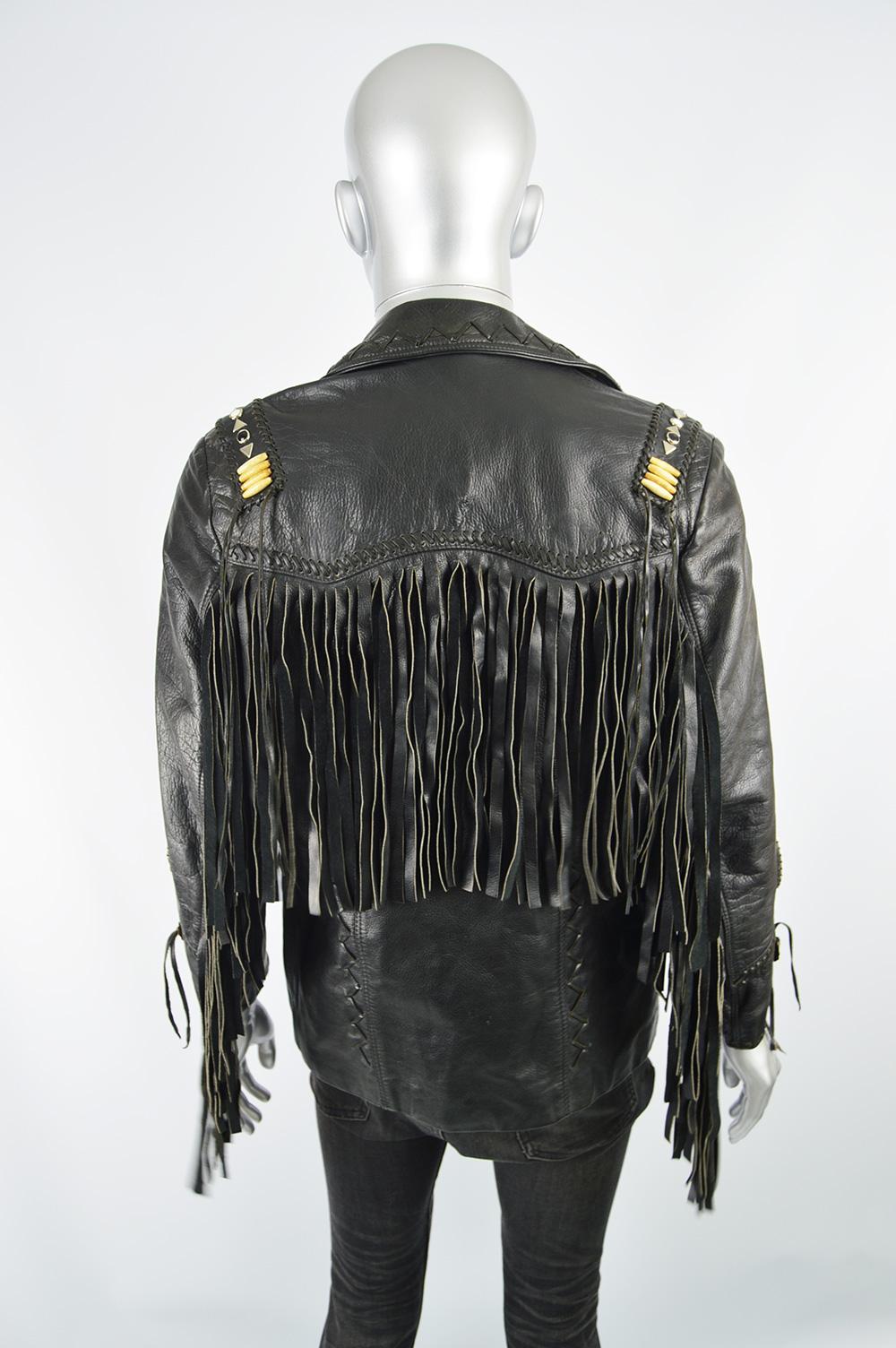 Kim Hadleigh Designs Vintage Men's Fringed Studded Black Leather Jacket, 1980s 3