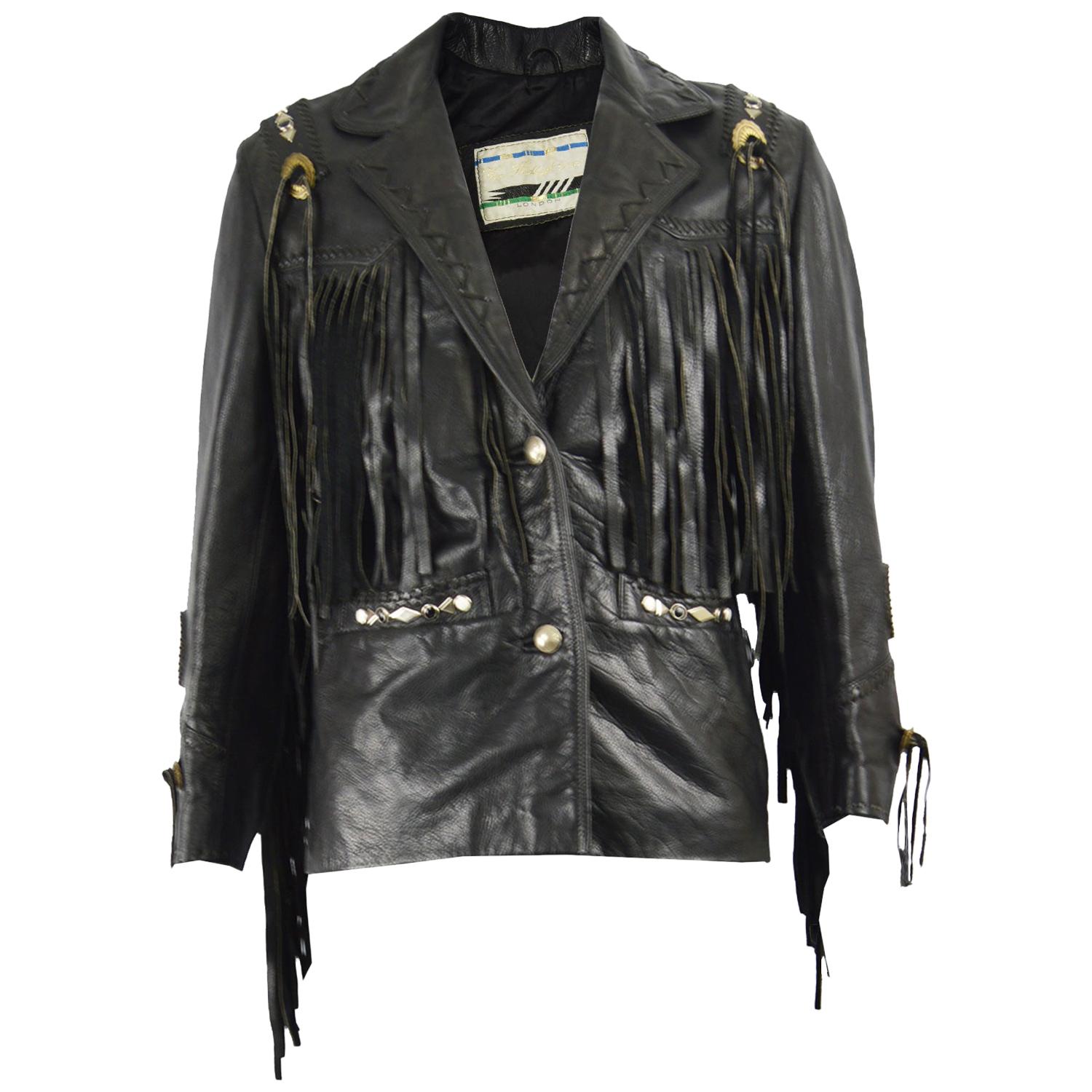 Kim Hadleigh Designs Vintage Men's Fringed Studded Black Leather Jacket, 1980s