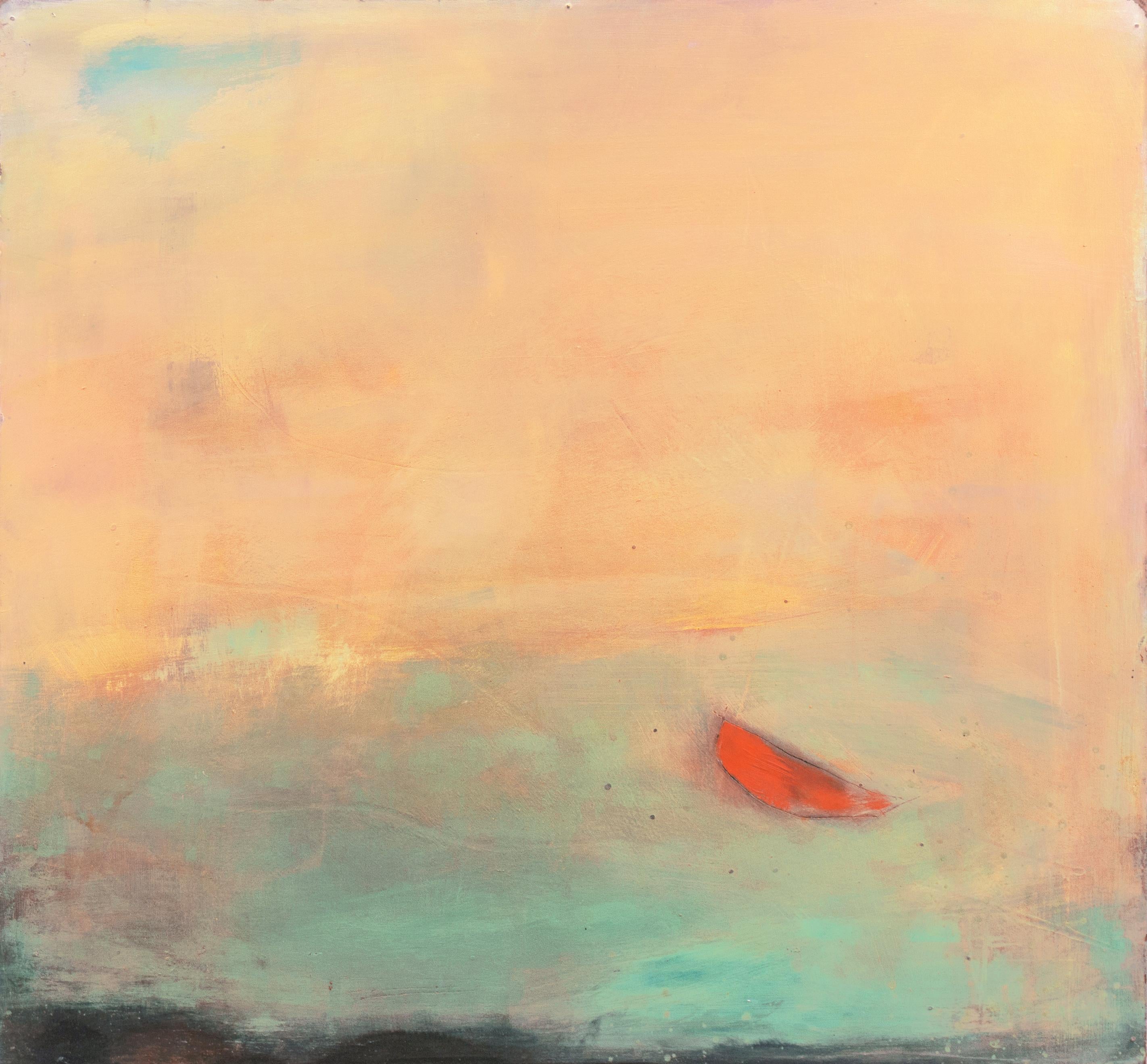 Kim Harris Landscape Painting - 'Red Canoe', Endicott College, Stamford Loft Art Association, Large Oil Painting