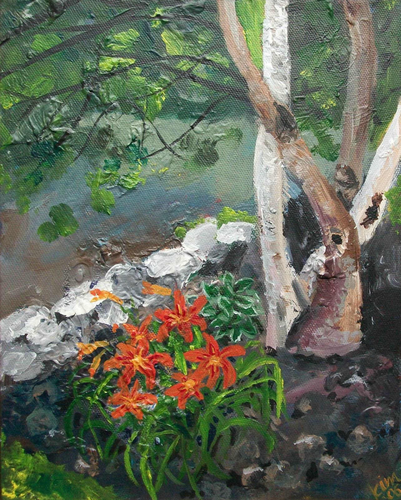 KIM HINXMAN BEDARD - 'Lilies & Birches' - Peinture acrylique contemporaine sur toile - signée et datée en bas à droite - cadre d'origine - signée et titrée au verso - Canada - circa 2006.

Excellent état - pas de perte - pas de dommage - pas de