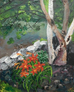 KIM HINXMAN BEDARD - 'Lilies & Birches' - Canadian Acrylic Painting - Circa 2006