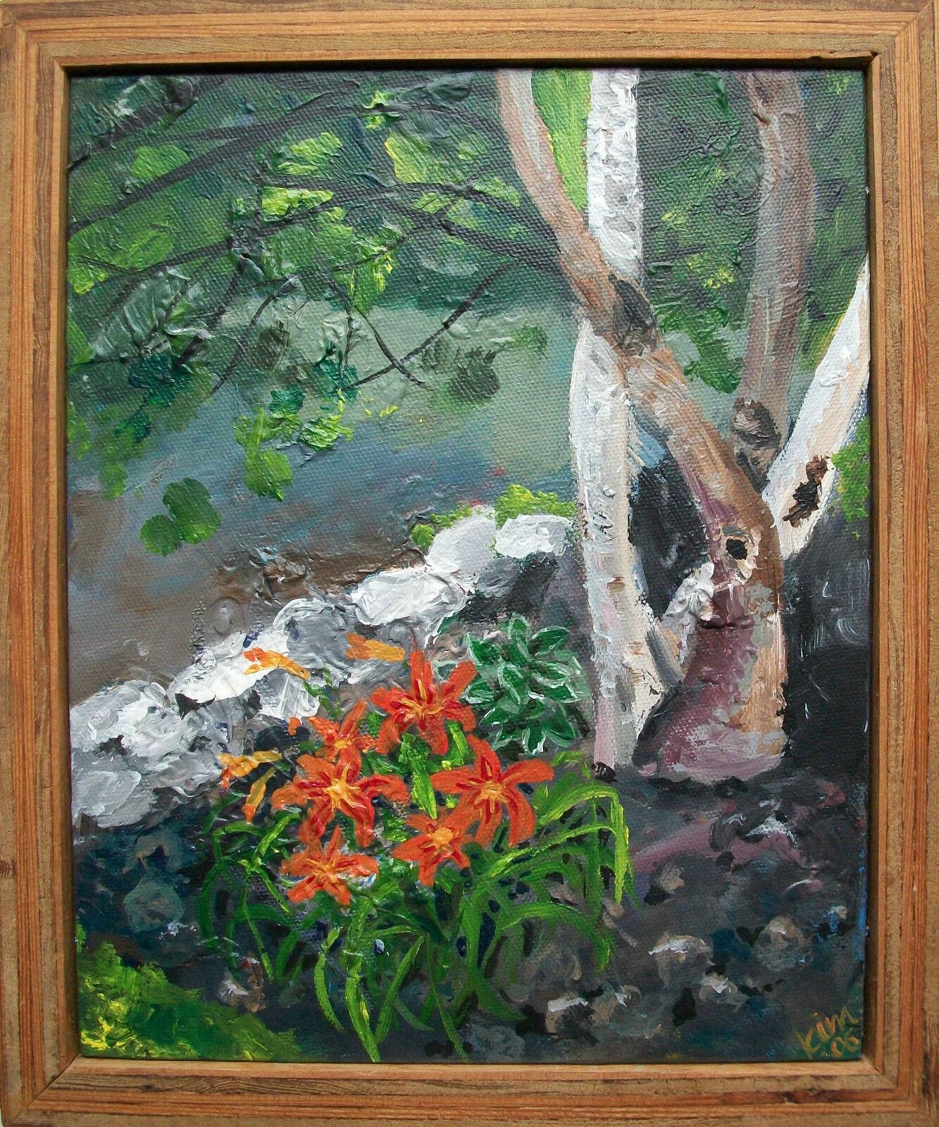 Country KIM HINXMAN BEDARD - « Lilies & Birches » - Peinture acrylique canadienne - vers 2006 en vente