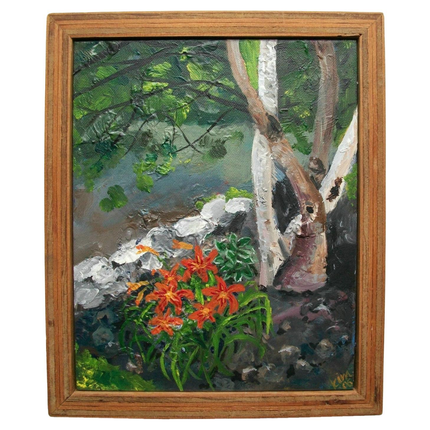 KIM HINXMAN BEDARD - « Lilies & Birches » - Peinture acrylique canadienne - vers 2006 en vente