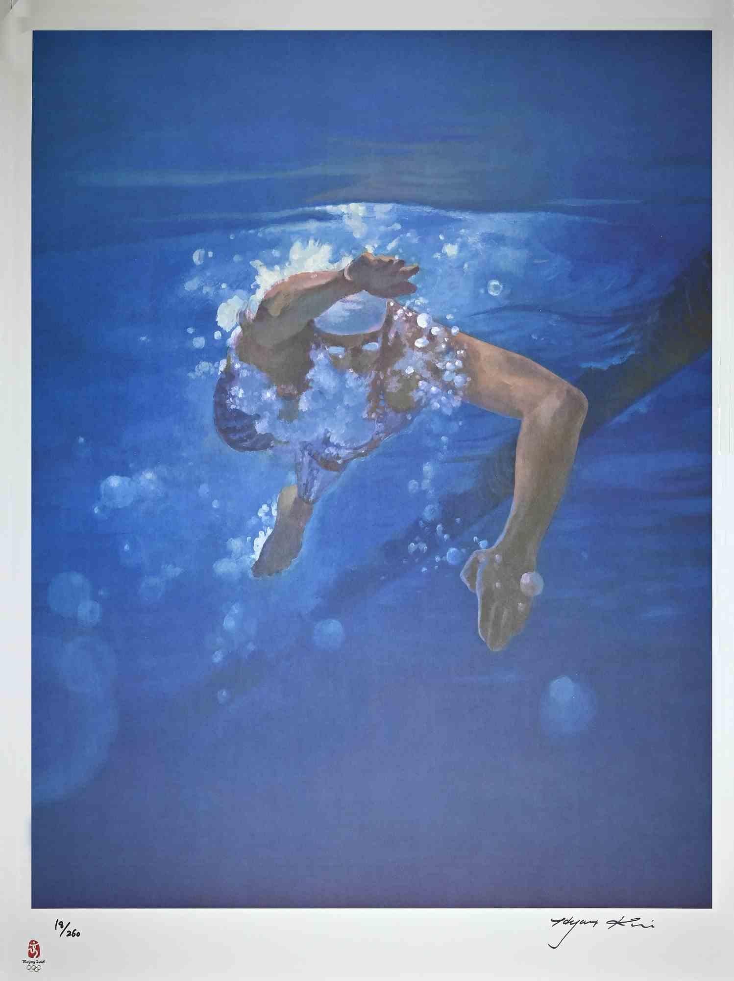 Swimmer is an original lithograph realized by Kim Hyang. 
This artwork is from the portfolio The Unique Collection for the Olympic Fine Arts 2008 presented during the Olympic Games and produced in 260 copies as the only official artistic product of