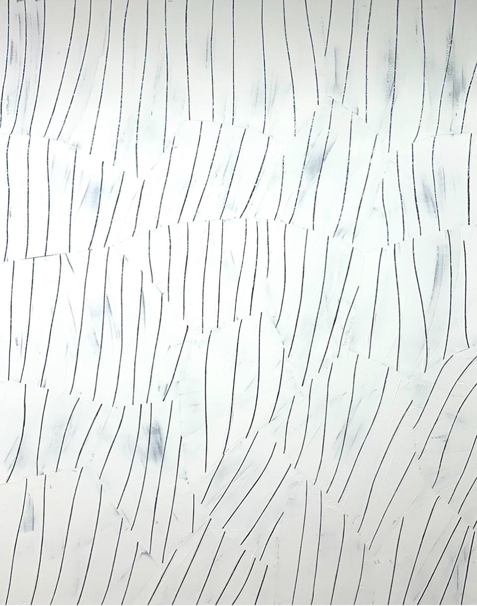 Nacre &amp; acrylic on canvas,

Kim Iljung is a Korean artist born in 1979 who lives and works in Seoul, South Korea.
Adhere, Scratch, Push Away are his motto.
The dual nature of mother-of-pearl—both transmitting and reflecting light—meets the