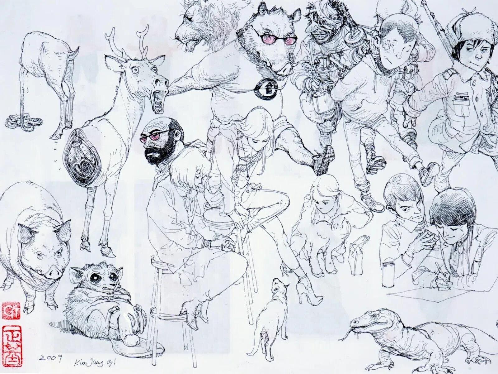 Ink pen on paper drawing by Kim Jung Gi, 1975 to 2022, a South Korean cartoonist and manhwa artist known for his highly detailed illustrations, often drawn only from memory. The artwork depicts a multi-figure composition with humans and animals.