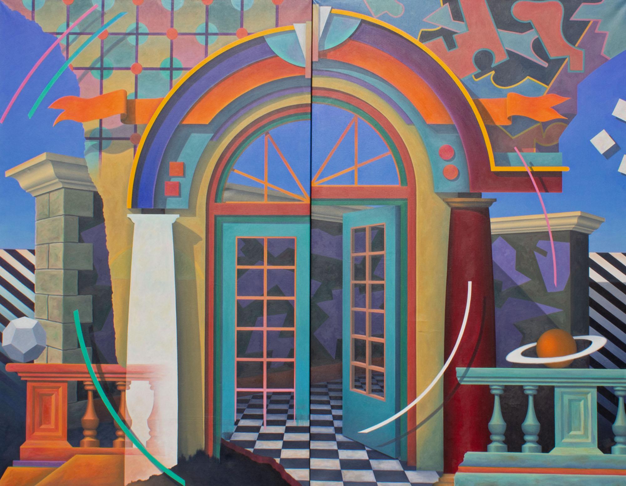 A 1992 monumental acrylic on canvas diptych painting by the American artist Kim Krause. Painted on two panels and titled Kepler/Paradox #1, ﻿this Postmodern work depicts a vibrant archway with teal and orange doors below. The arch is flanked by