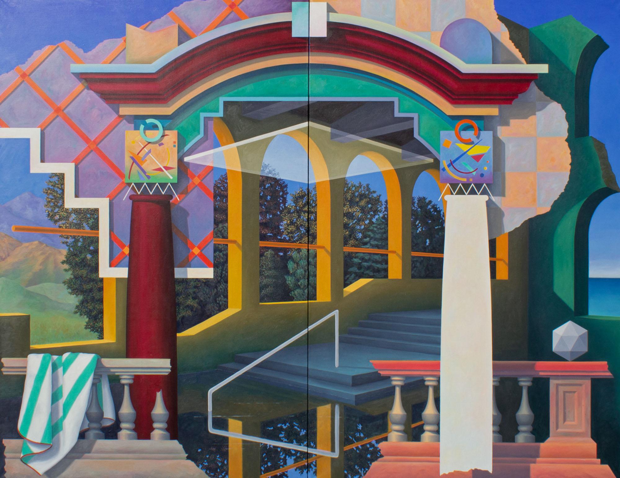 A 1992 monumental acrylic on canvas diptych painting by the American artist Kim Krause. Painted on two panels and titled Kepler/Paradox #4, this Postmodern work depicts a vibrant array of arches, stairs, banisters, railings, and other architectural