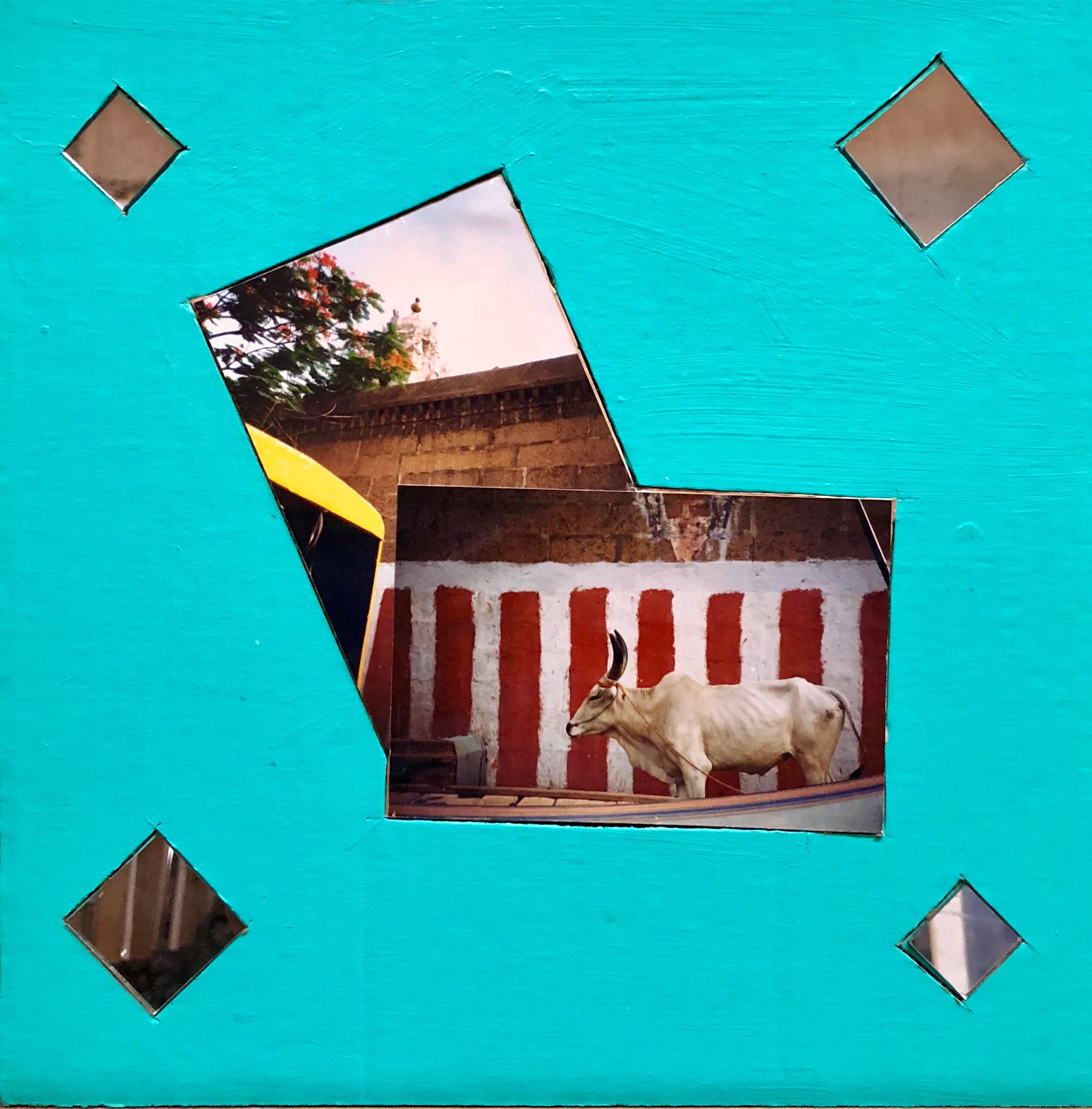 Kim MacConnel Figurative Photograph - Chindambaram Temple, Mixed Media Photo Collage on Cardboard