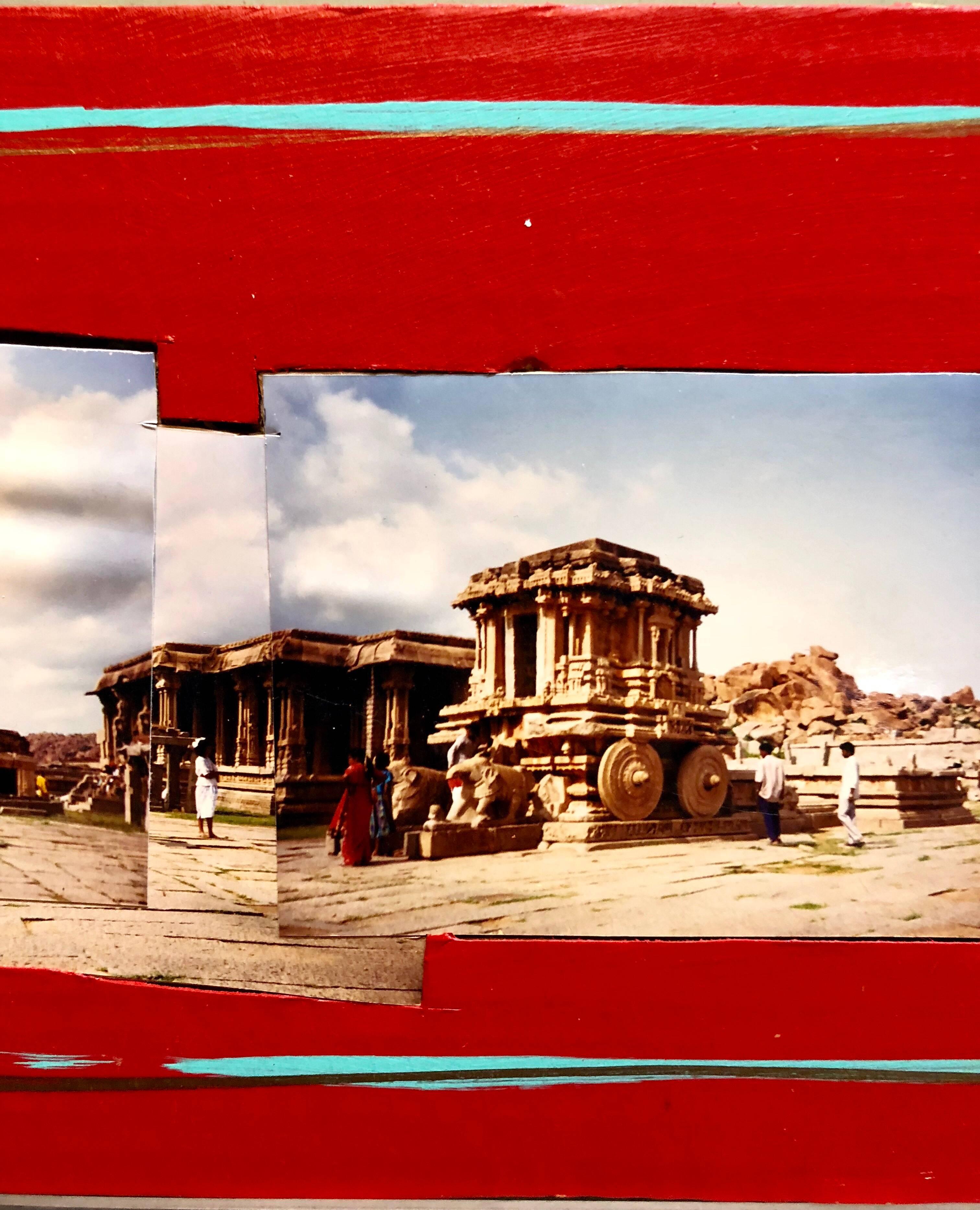 Tourists Hampi, India, 1992, Photo Prints on Cardboard, Collage, Mirror Insets - Contemporary Painting by Kim MacConnel