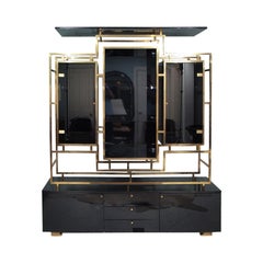 Kim Moltzer Black Lacquered, Brass Glass Display Cabinet Sideboard, 1970s Rega