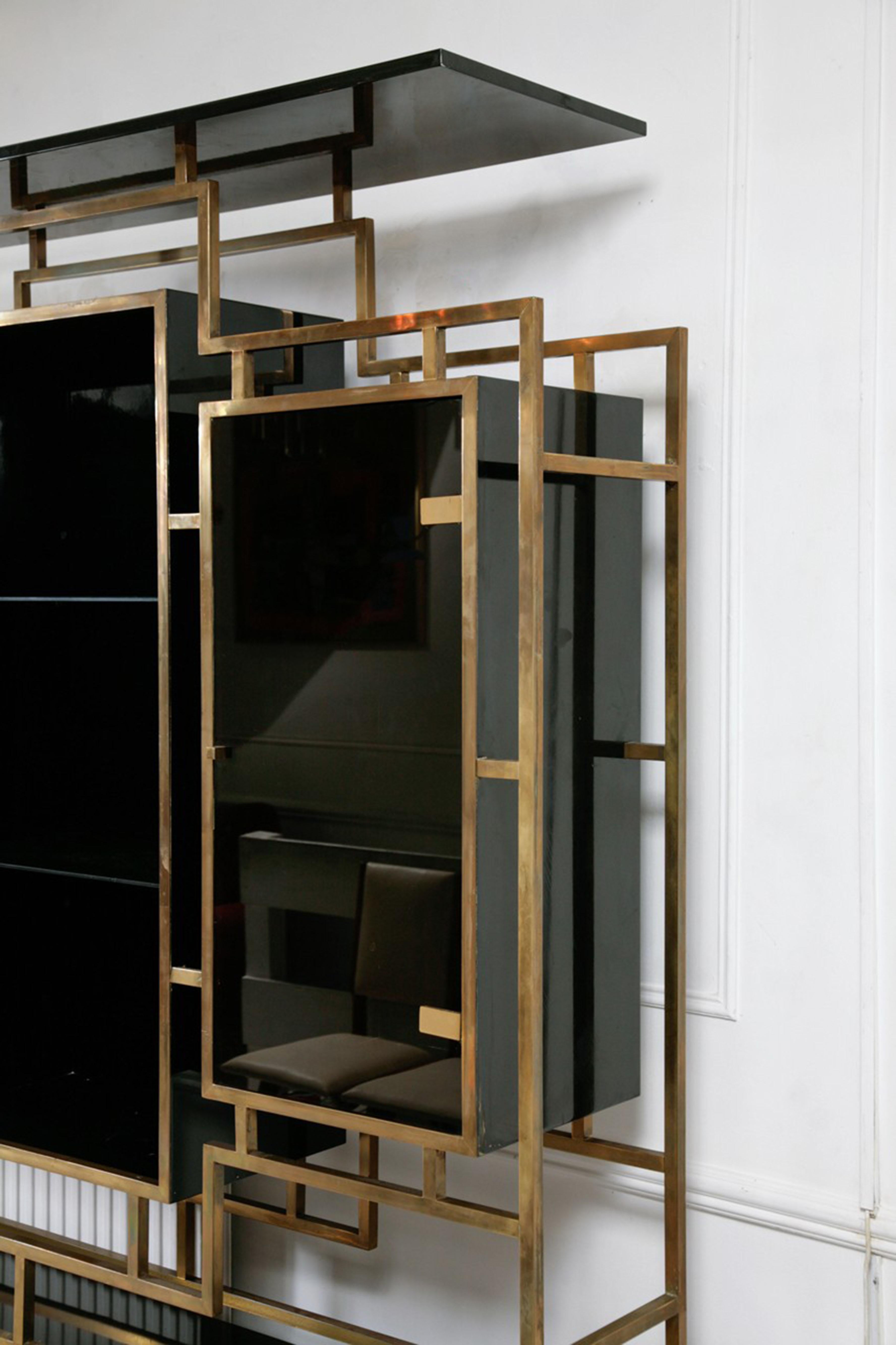 Kim Moltzer Black Lacquered, Brass Glass Display Cabinet Sideboard, 1970s Rega (Hollywood Regency)