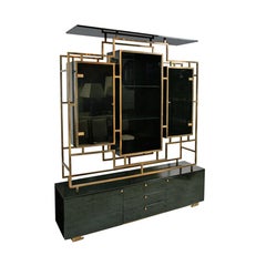 Kim Moltzer Black Lacquered, Brass Glass Display Cabinet Sideboard, 1970s Rega