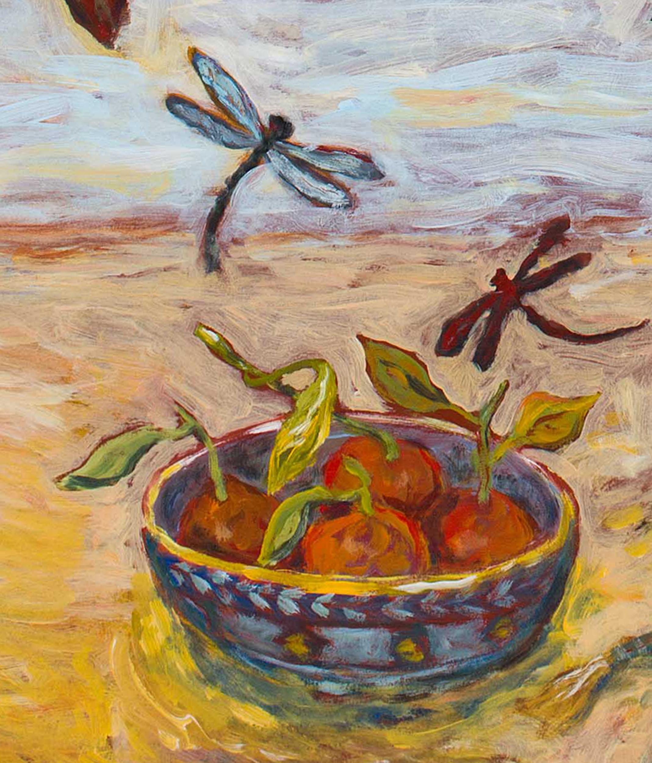 Kim Osgood is a Portland, Oregon based artist whom reinvents the conventional still-life in her work by integrating the seasons’ changing flora and fauna. Playful elements such as flitting birds and insects enliven her scenes as she brings the