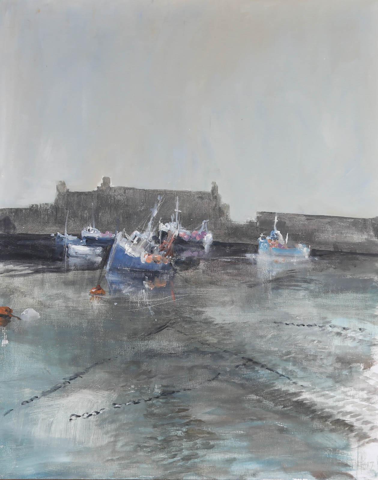 Kim Pragnell (b.1952) - Framed Contemporary Oil, Fishing Boats on Mud Flats 1