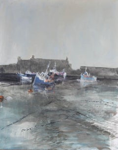Kim Pragnell (nato nel 1952) - Olio contemporaneo incorniciato, Barche da pesca su pianure di fango