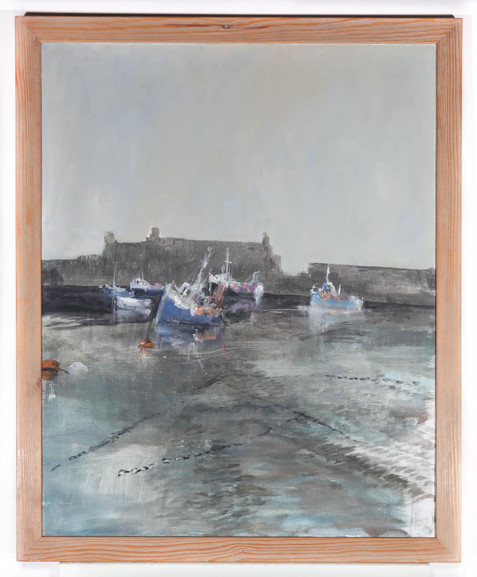 Kim Pragnell (b.1952) - Framed Contemporary Oil, Fishing Boats on Mud Flats 2