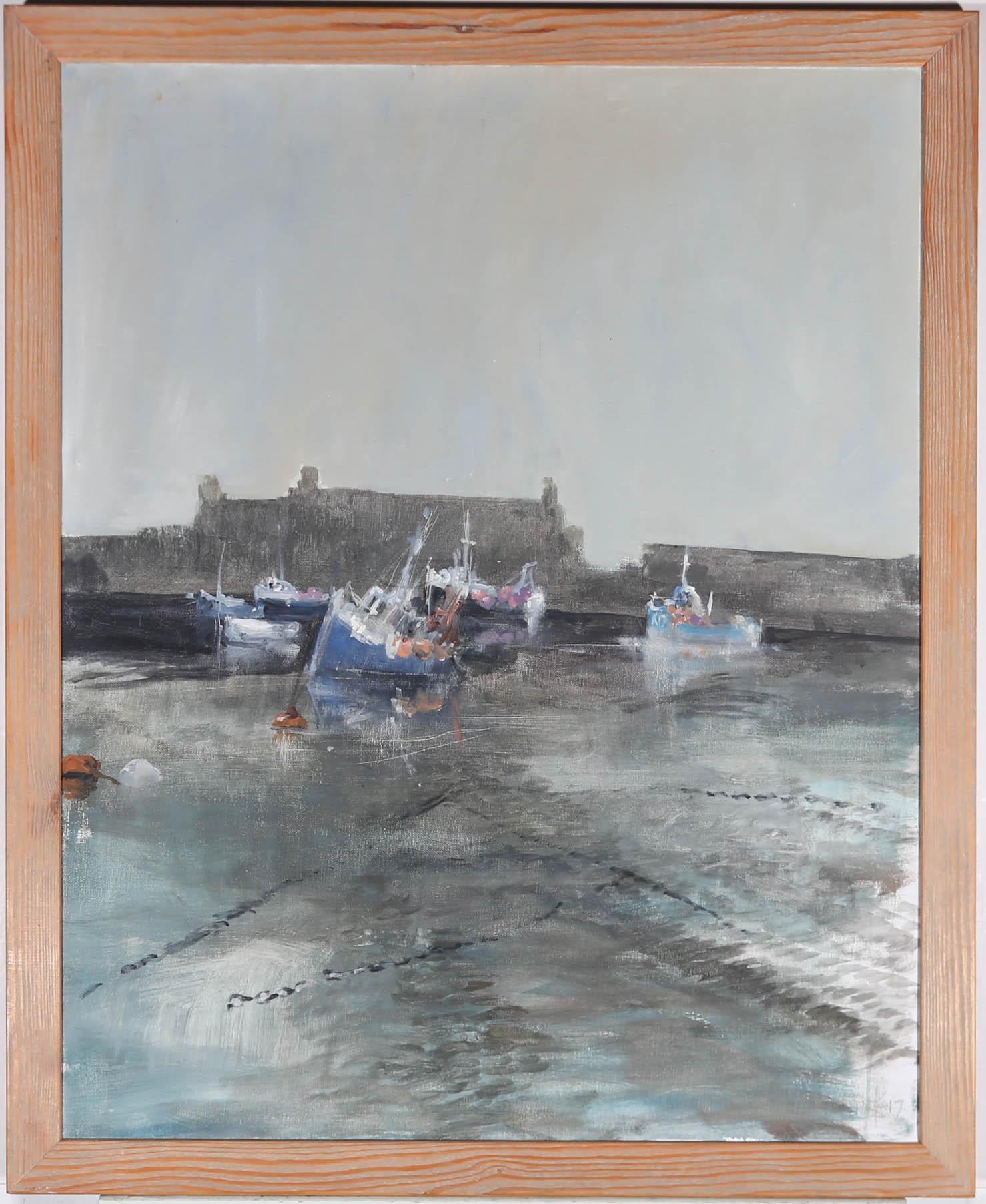 An impressionistic oil depicting fishing boats moored in a harbour at low tide. Well presented in a stained pine frame. Signed with monogram to the lower right-hand corner. On canvas on stretchers.




