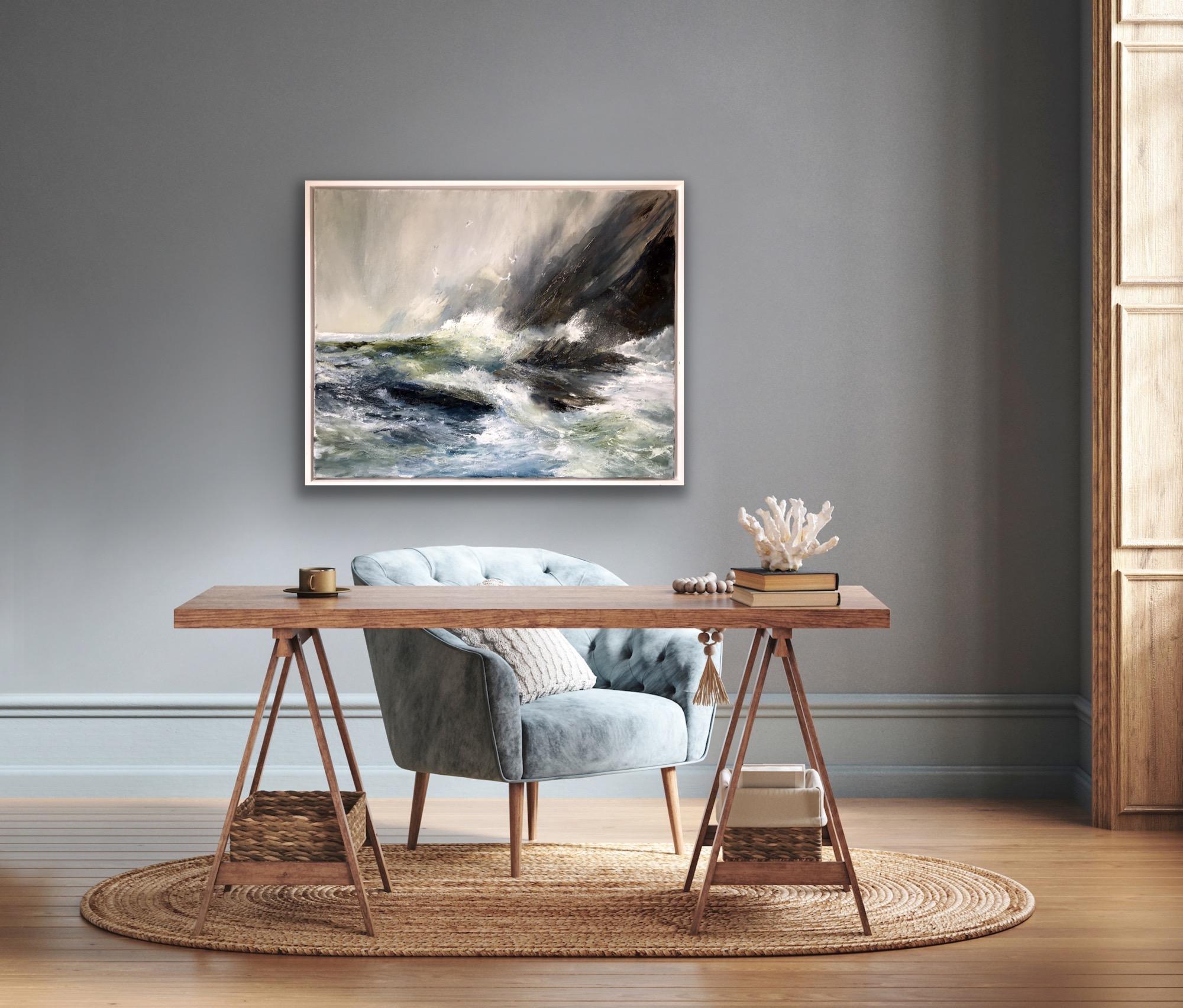 Lo que hay bajo la sal es ficción, Pintura original, Paisaje marino, Mar tormentoso en venta 5