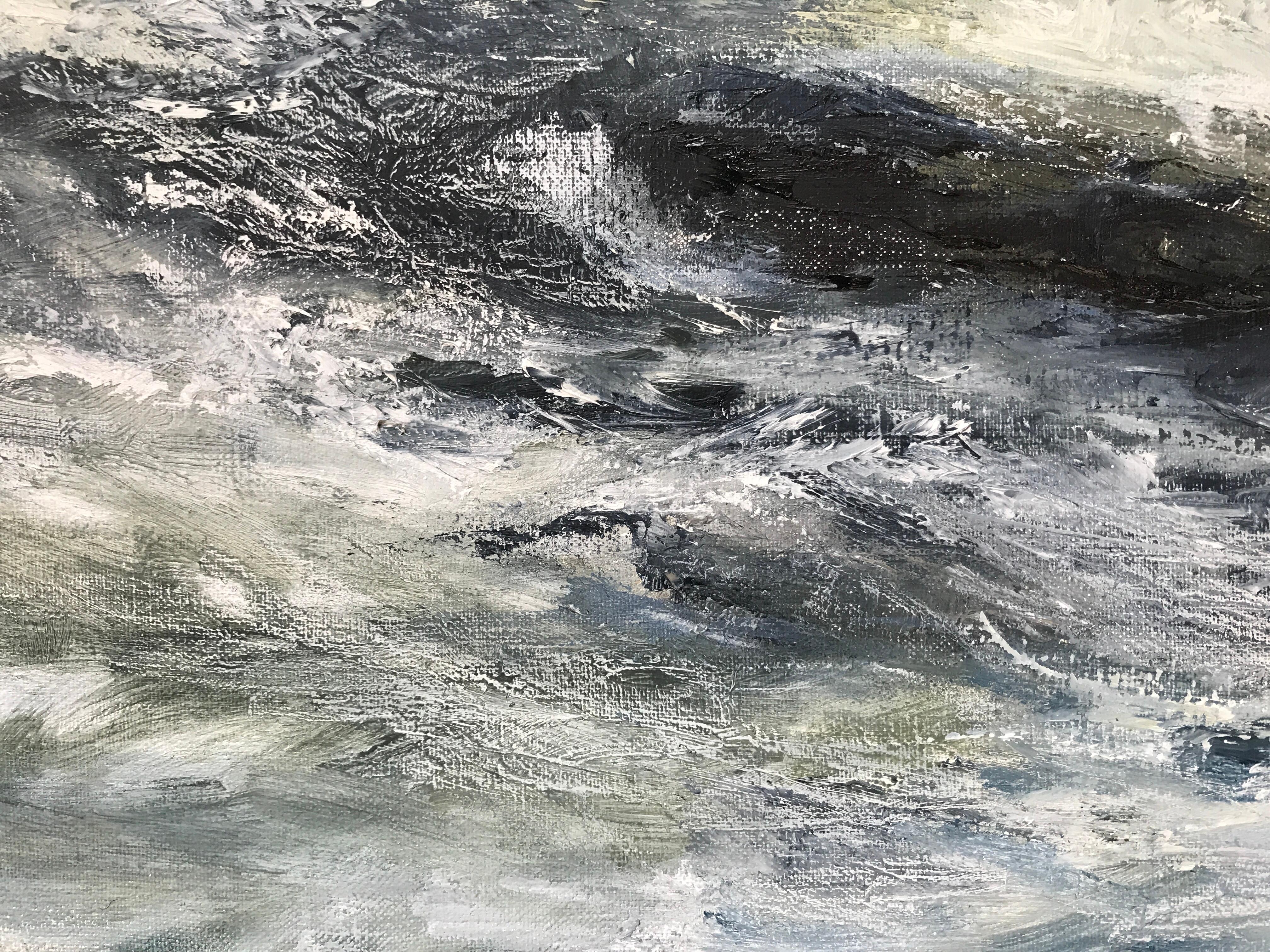 An original oil painting of stormy seascape. In the foreground, waves are crashing into eachother, forming splashes of water which almost reach the white seagulls flying above them. 

ADDITIONAL INFORMATION:
What Lies Beneath the Salt is Fiction by