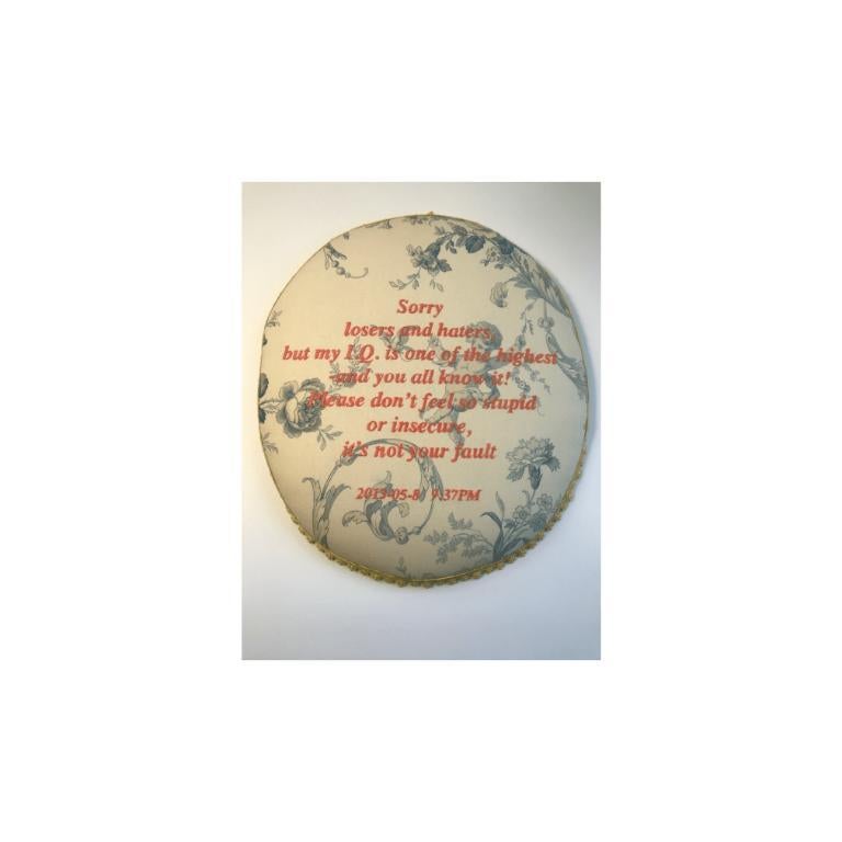 Sorry, Upholstered Embroidered Fabric on Board with Upholstery Trim, 2021 - Mixed Media Art by Kim Rugg
