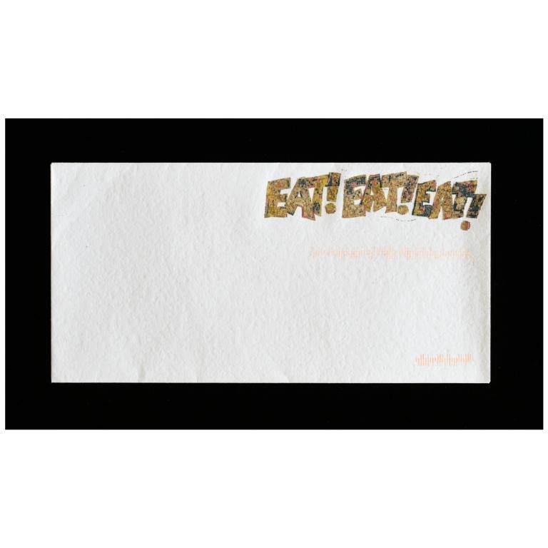Kim Rugg Abstract Painting - Christmas Message - Golden Madonna 2, Stamps on Envelope, 2007
