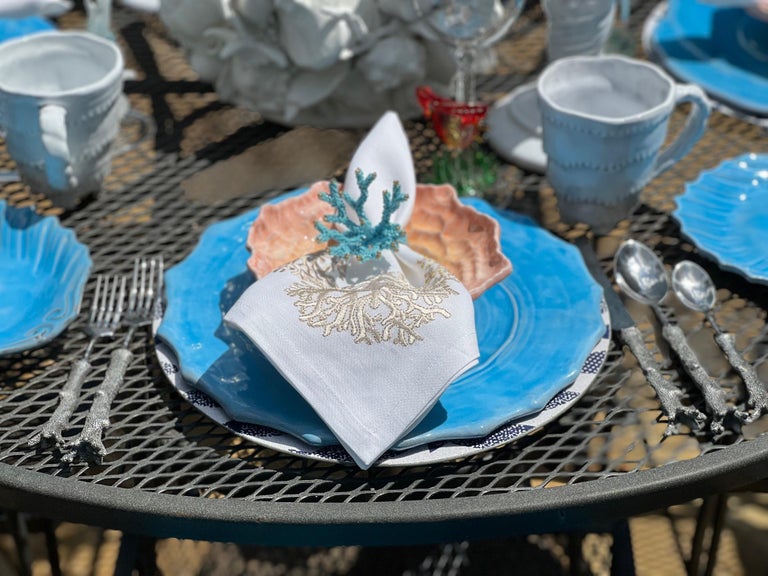 Kim Seybert Embroidered Napkins, Golden Sea Coral on White Linen For