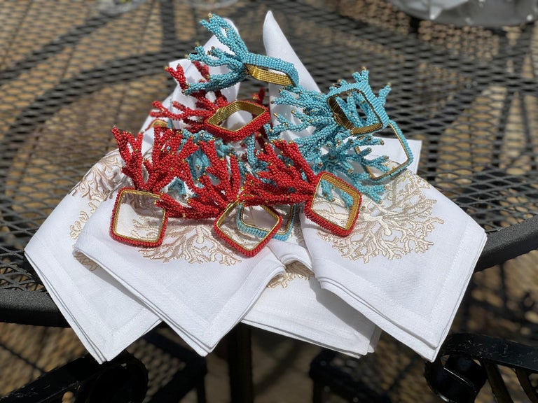 Kim Seybert Embroidered Napkins, Golden Sea Coral on White Linen For