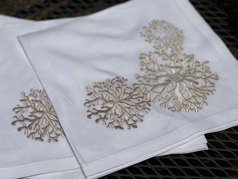 Kim Seybert Embroidered Napkins, Golden Sea Coral on White Linen For