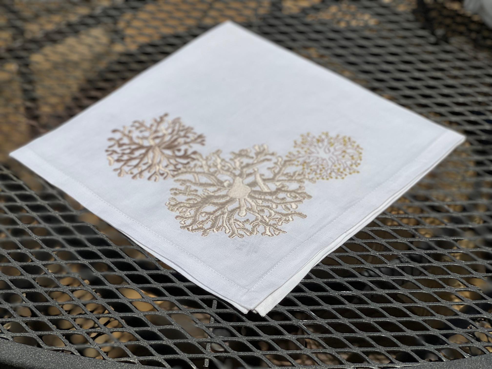 Chinese Kim Seybert Embroidered Napkins, Golden Sea Coral on White Linen