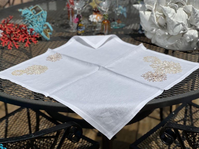 Kim Seybert Embroidered Napkins, Golden Sea Coral on White Linen For